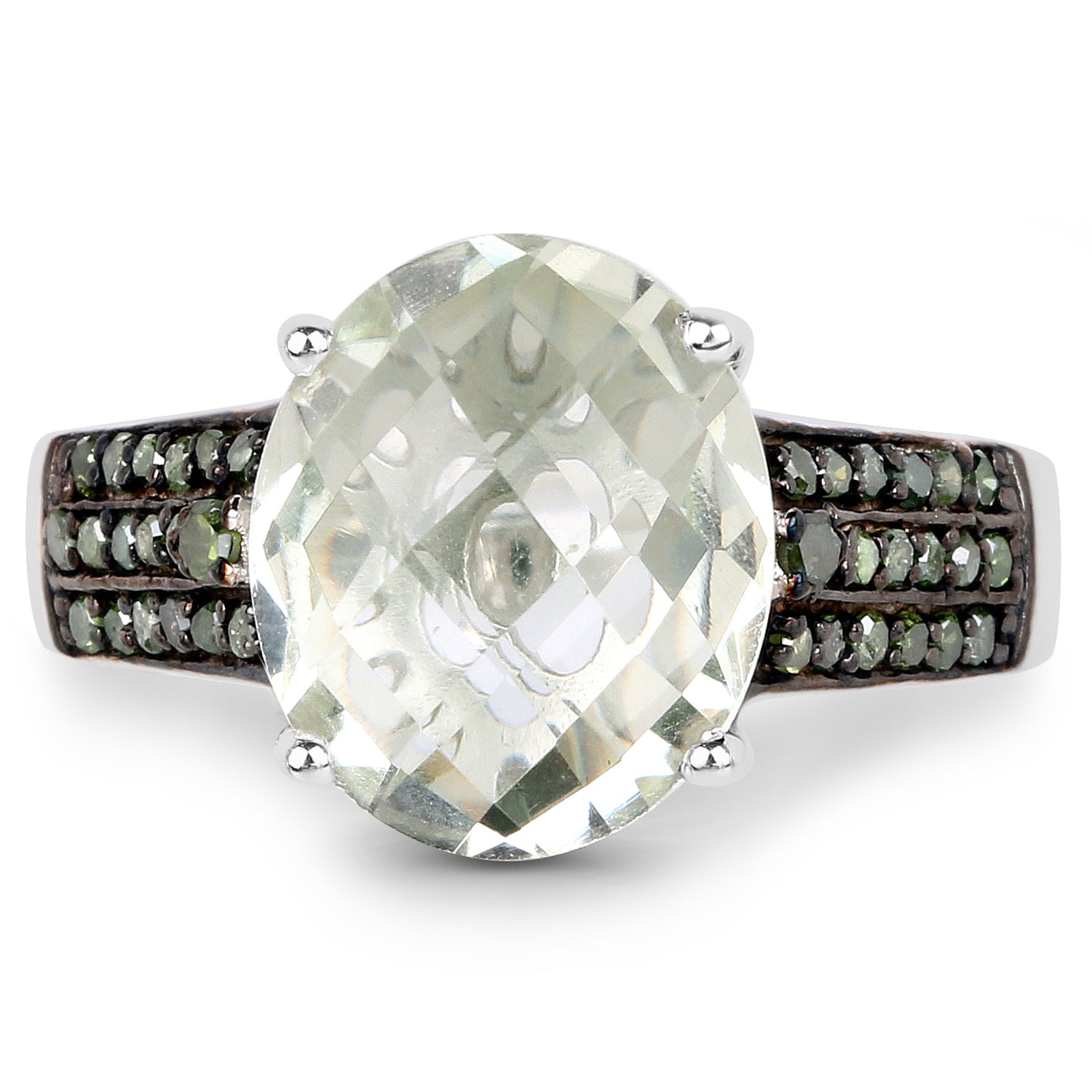 4.41 Carat Genuine Green Amethyst and Green Diamond .925 Sterling Silver Ring on sale at MyriadMart