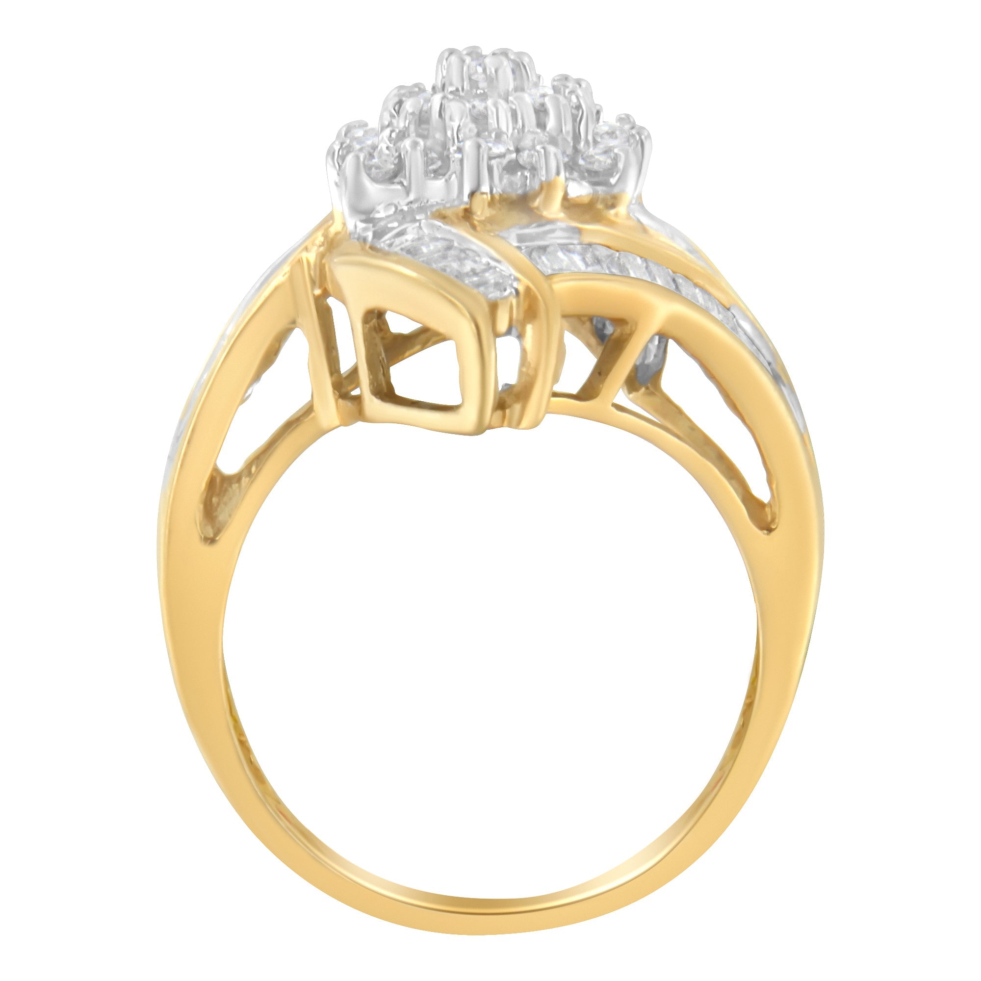 10K Yellow Gold Round and Baguette-Cut Diamond Bypass Cluster Ring 1.0 Cttw, I-J Color, I1-I2 Clarity - Size 8 on sale at MyriadMart