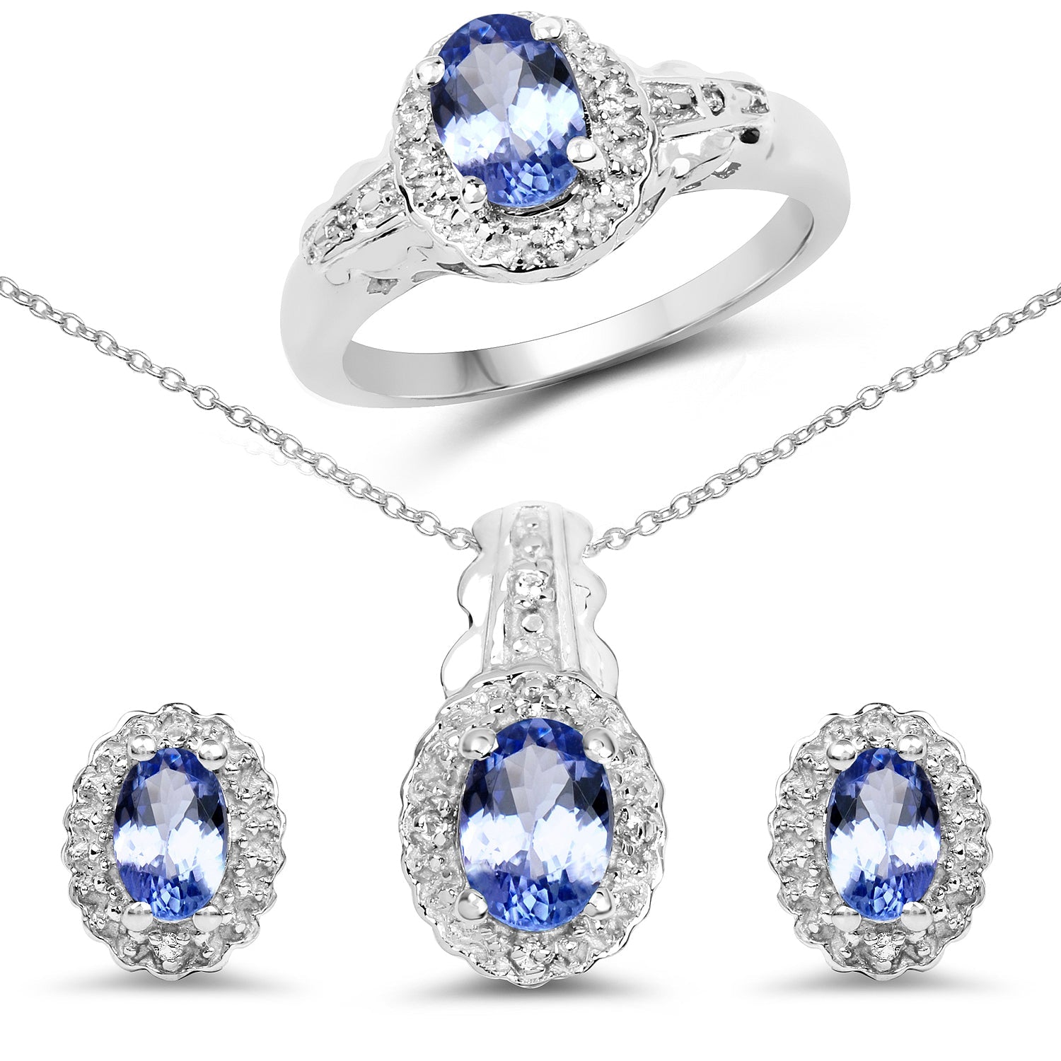 2.46 Carat Genuine Tanzanite and White Topaz .925 Sterling Silver 3 Piece Jewelry Set Ring, Earrings, and Pendant w/ Chain on sale at MyriadMart