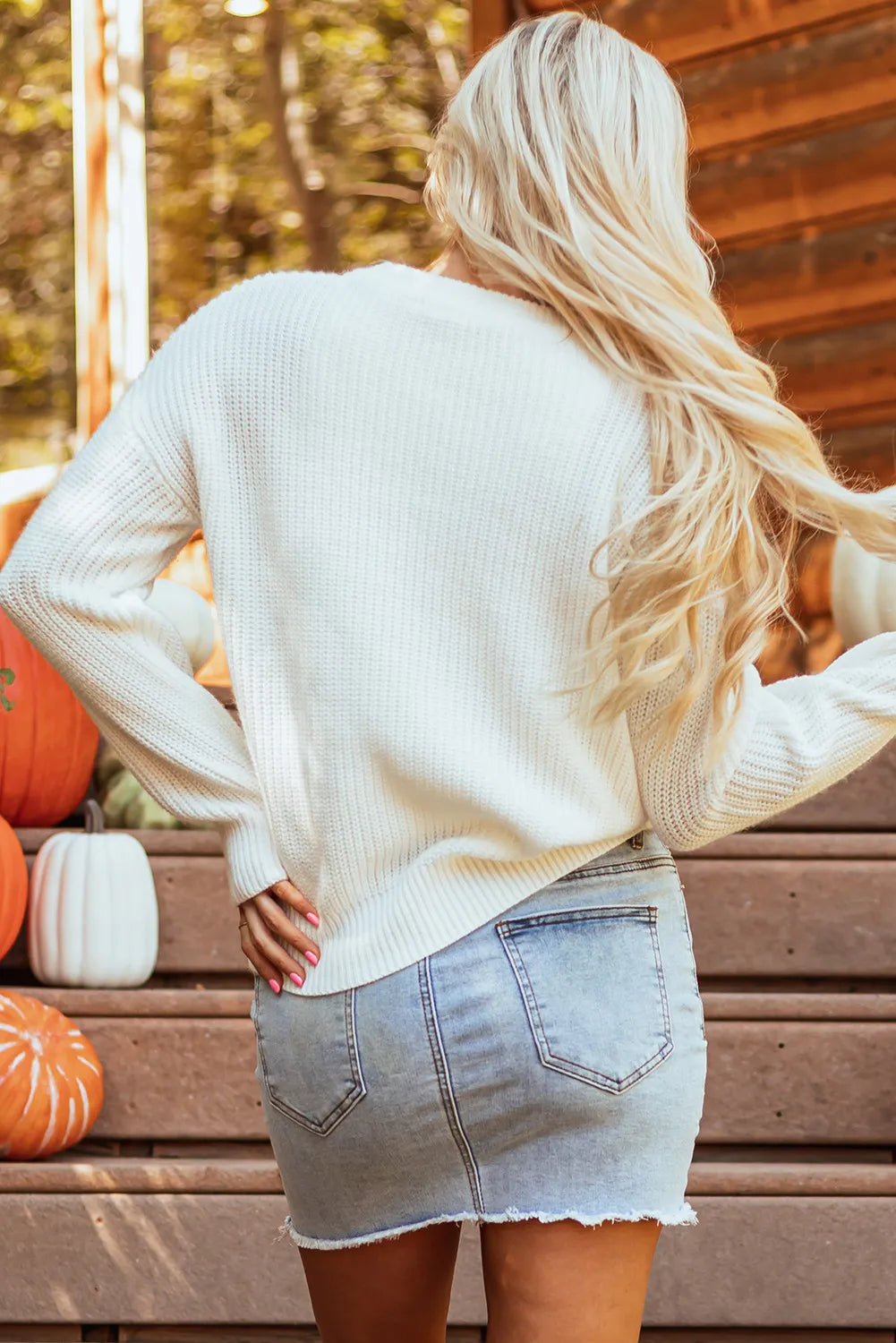Pumpkin Embroidery Long Sleeve Sweater - MyriadMart