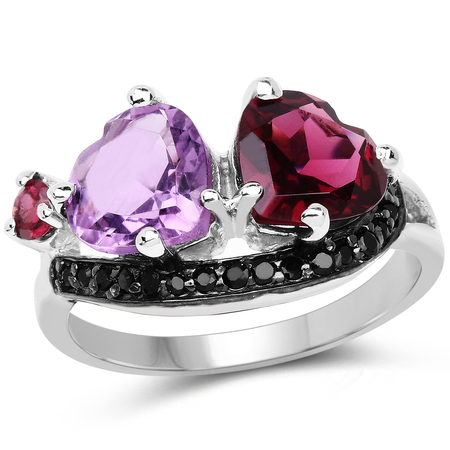 4.07 Carat Genuine Amethyst, Rhodolite & Black Spinel .925 Sterling Silver Ring on sale at MyriadMart