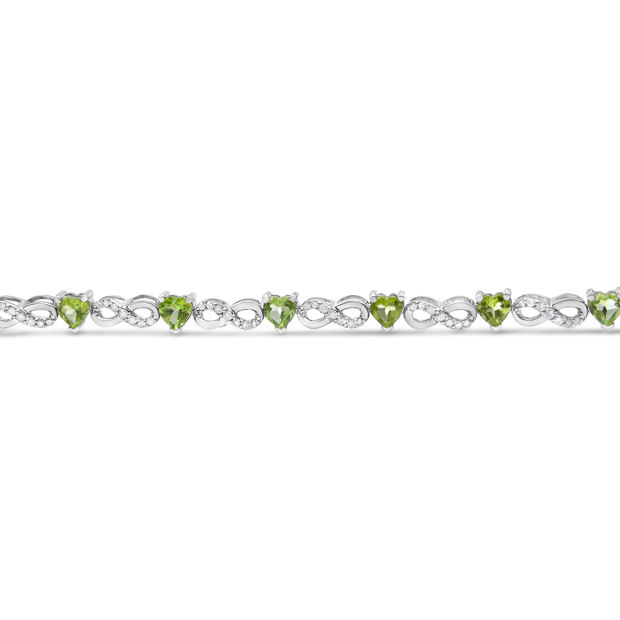 .925 Sterling Silver 1.00 Cttw Diamond and 4.00mm Lab Created Green Heart-Shaped Peridot Infinity Link Bracelet I-J Color, I2-I3 Clarity - 7.25" on sale at MyriadMart
