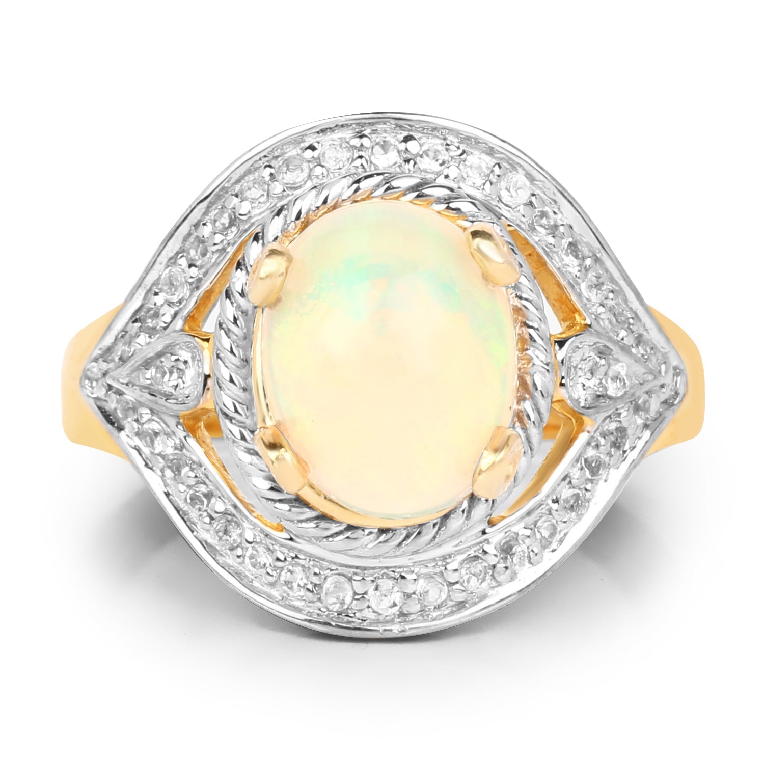 14K Yellow Gold Plated 1.88 Carat Genuine Ethiopian Opal and White Topaz .925 Sterling Silver Ring on sale at MyriadMart
