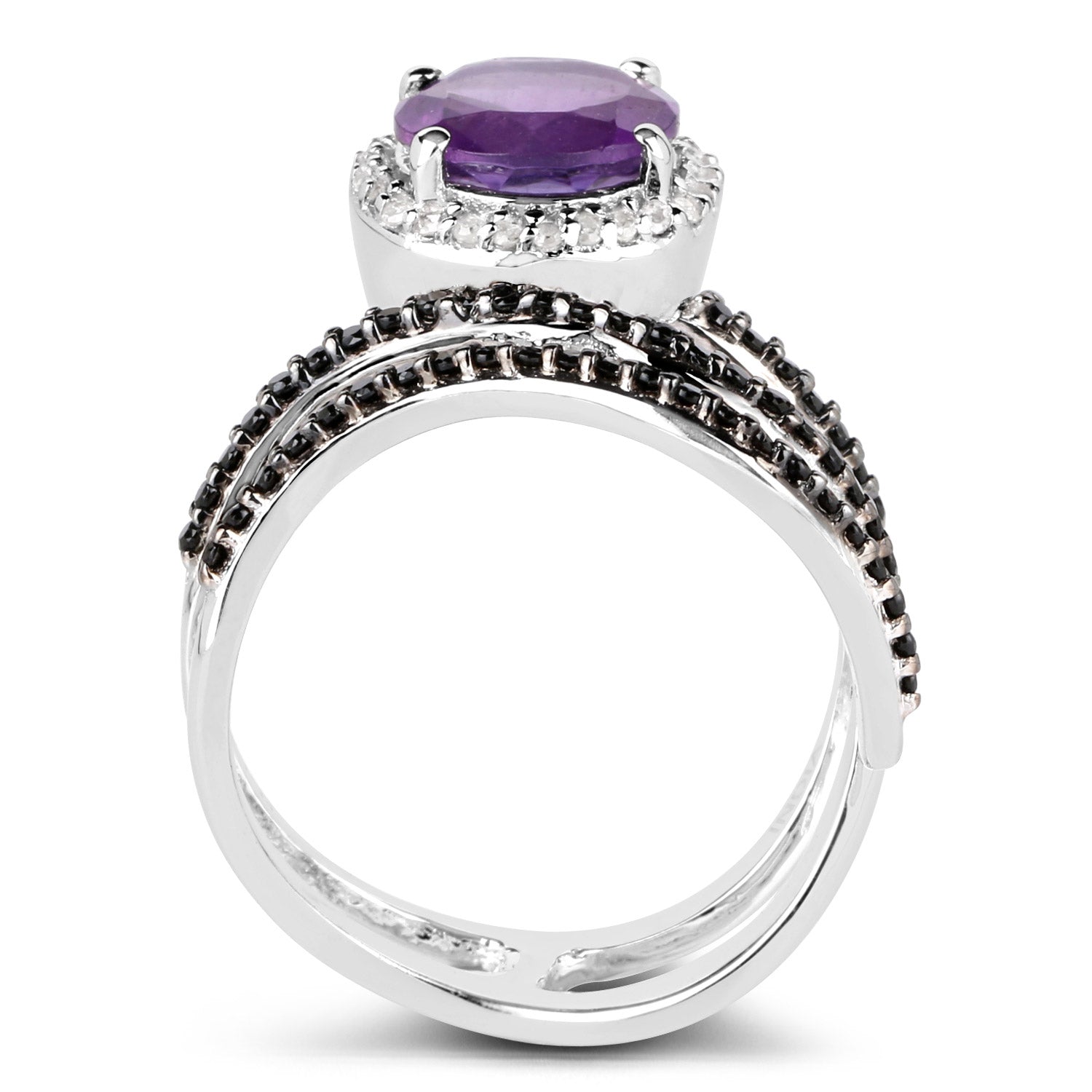 2.31 Carat Genuine Amethyst, Black Spinel and White Diamond .925 Sterling Silver Ring on sale at MyriadMart