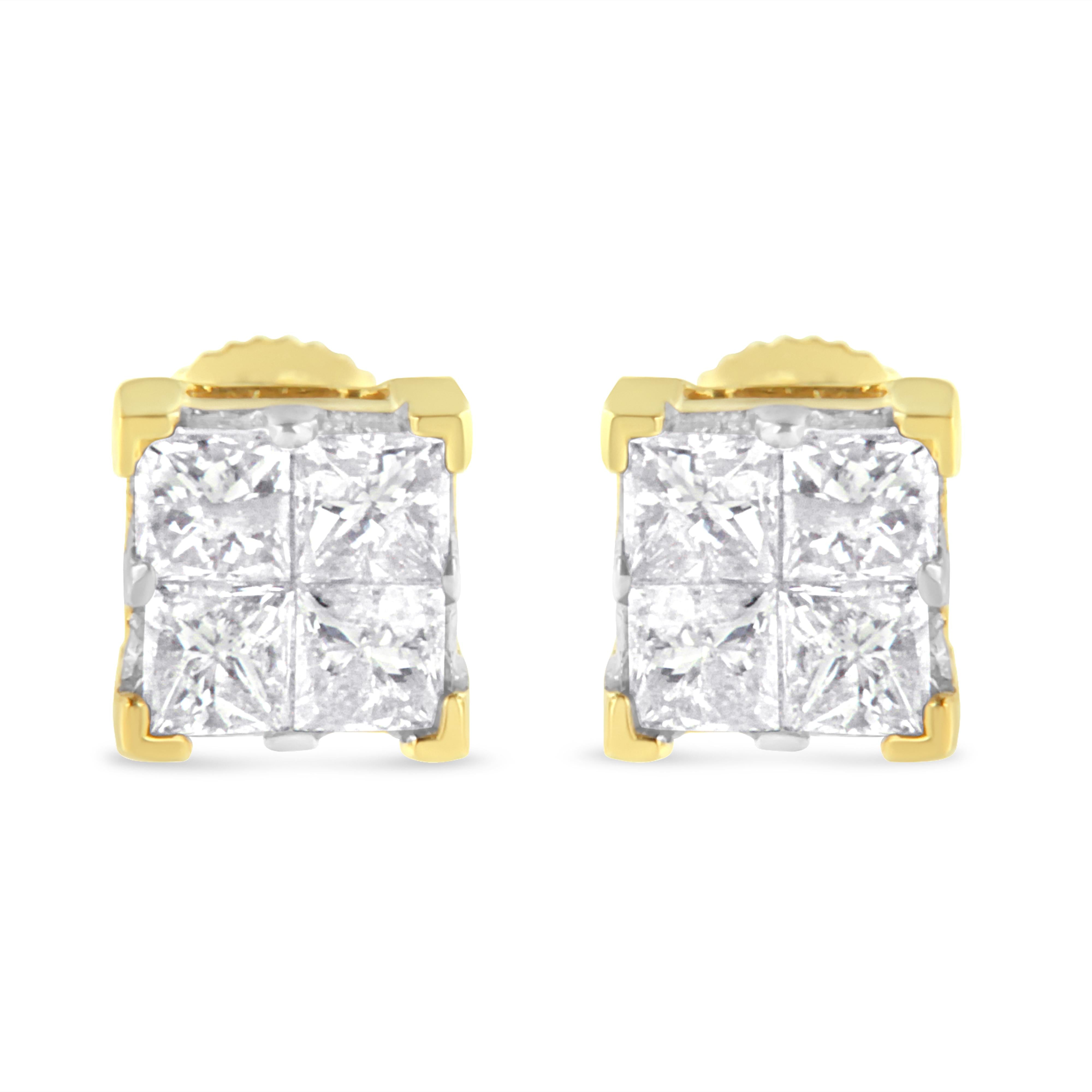 10K Yellow Gold 3/4 Cttw Invisible Set Princess-Cut Diamond Composite Square Stud Earrings I-J Color, I2-I3 Clarity on sale at MyriadMart
