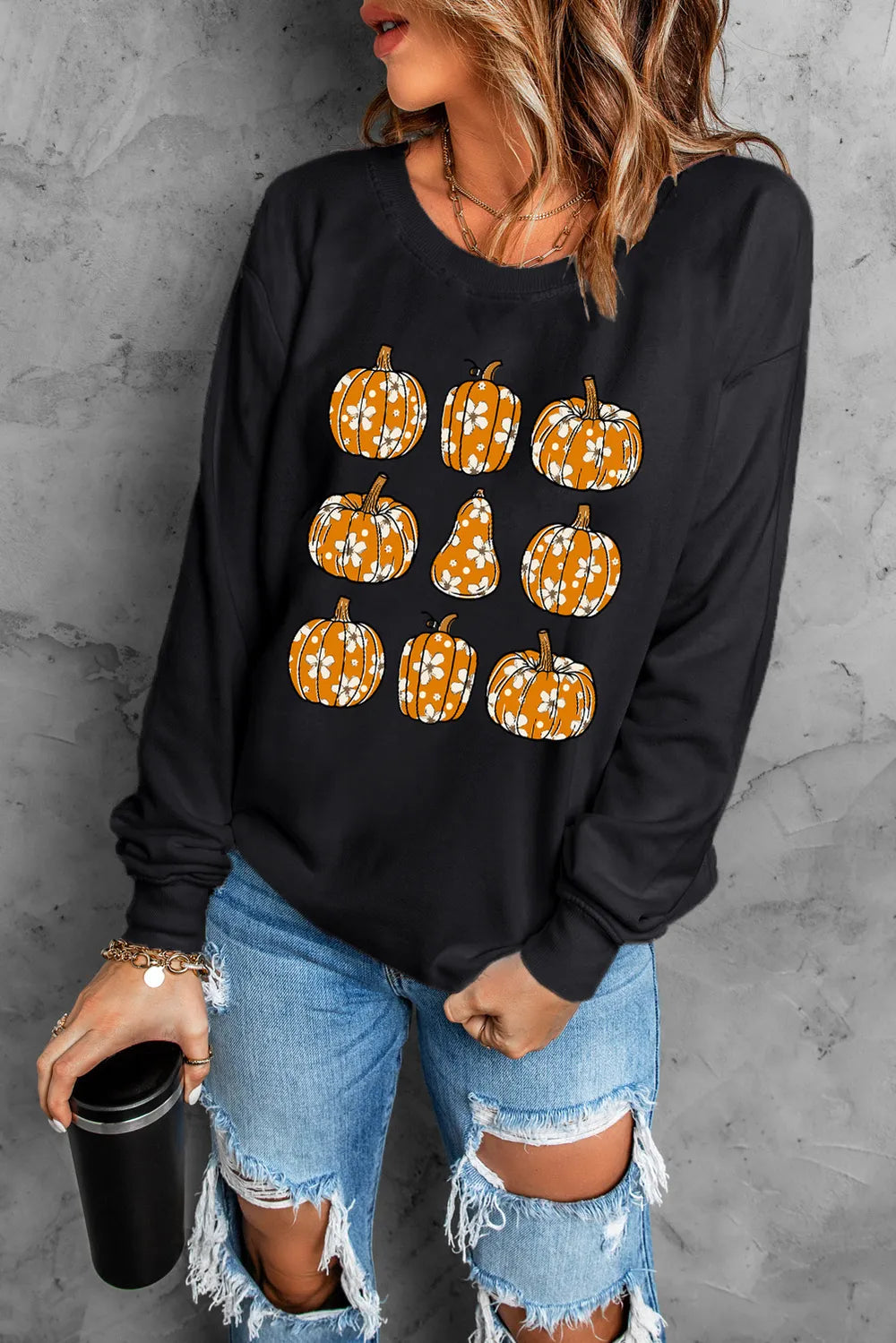 Pumpkin Round Neck Long Sleeve Sweatshirt - MyriadMart