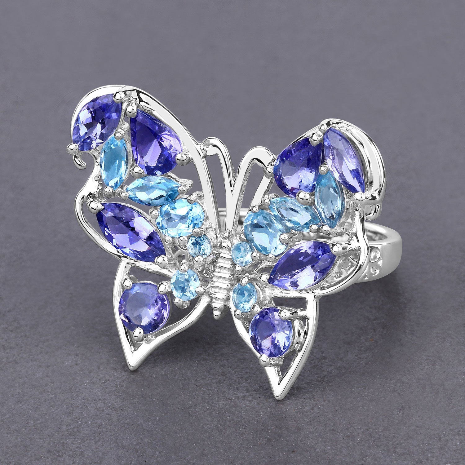 3.60 Carat Genuine Tanzanite and Swiss Blue Topaz .925 Sterling Silver Ring on sale at MyriadMart