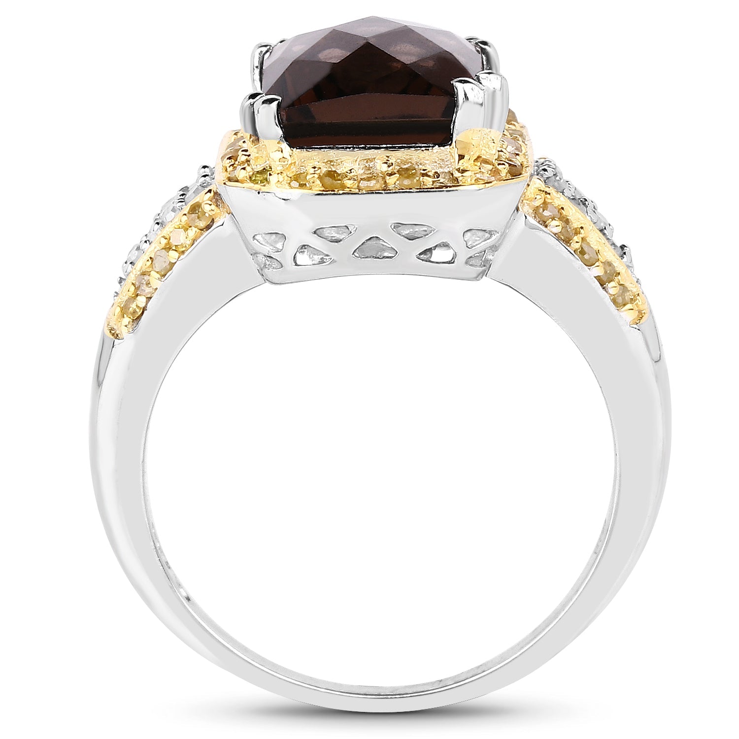 3.48 Carat Genuine Smoky Quartz, Yellow Diamond and White Diamond .925 Sterling Silver Ring on sale at MyriadMart