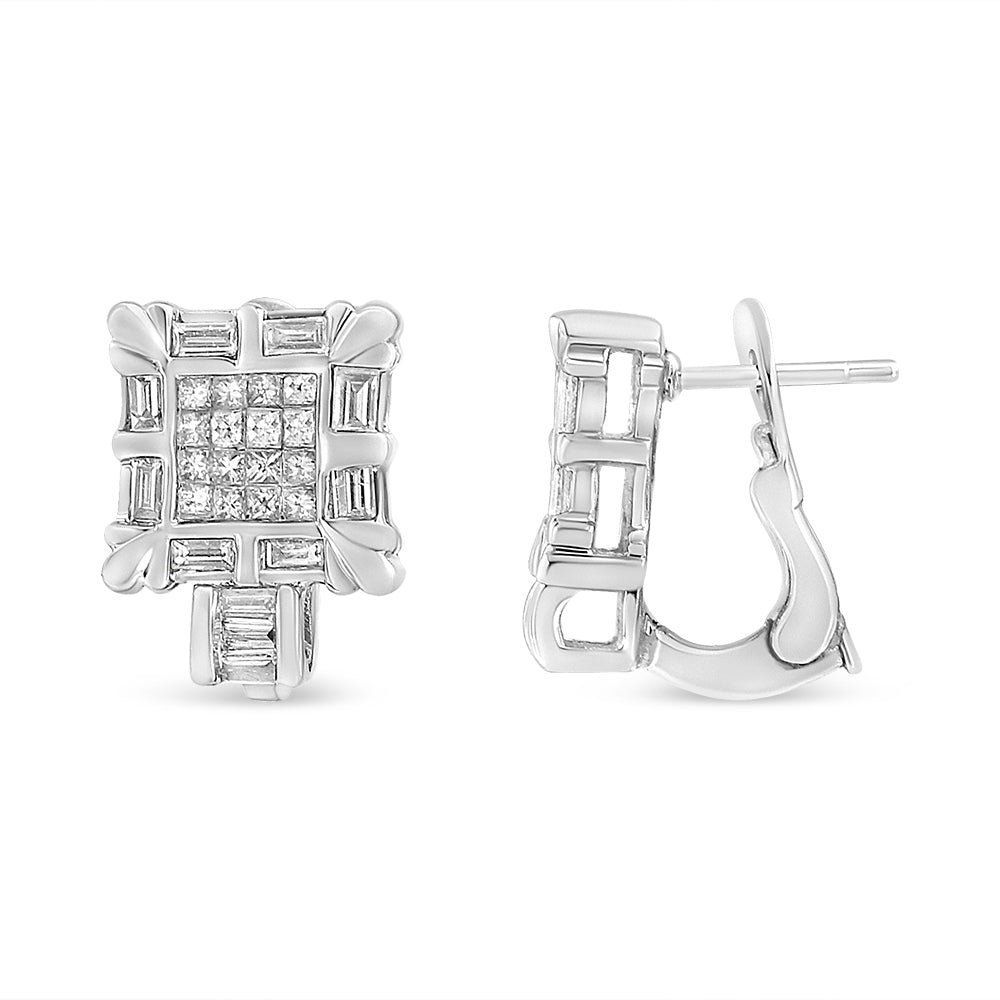 14K White Gold 1.0 Cttw Princess and Baguette-Cut Diamond Square Framed Huggie Hoop Omega Earrings H-I Color, SI1-SI2 Clarity on sale at MyriadMart