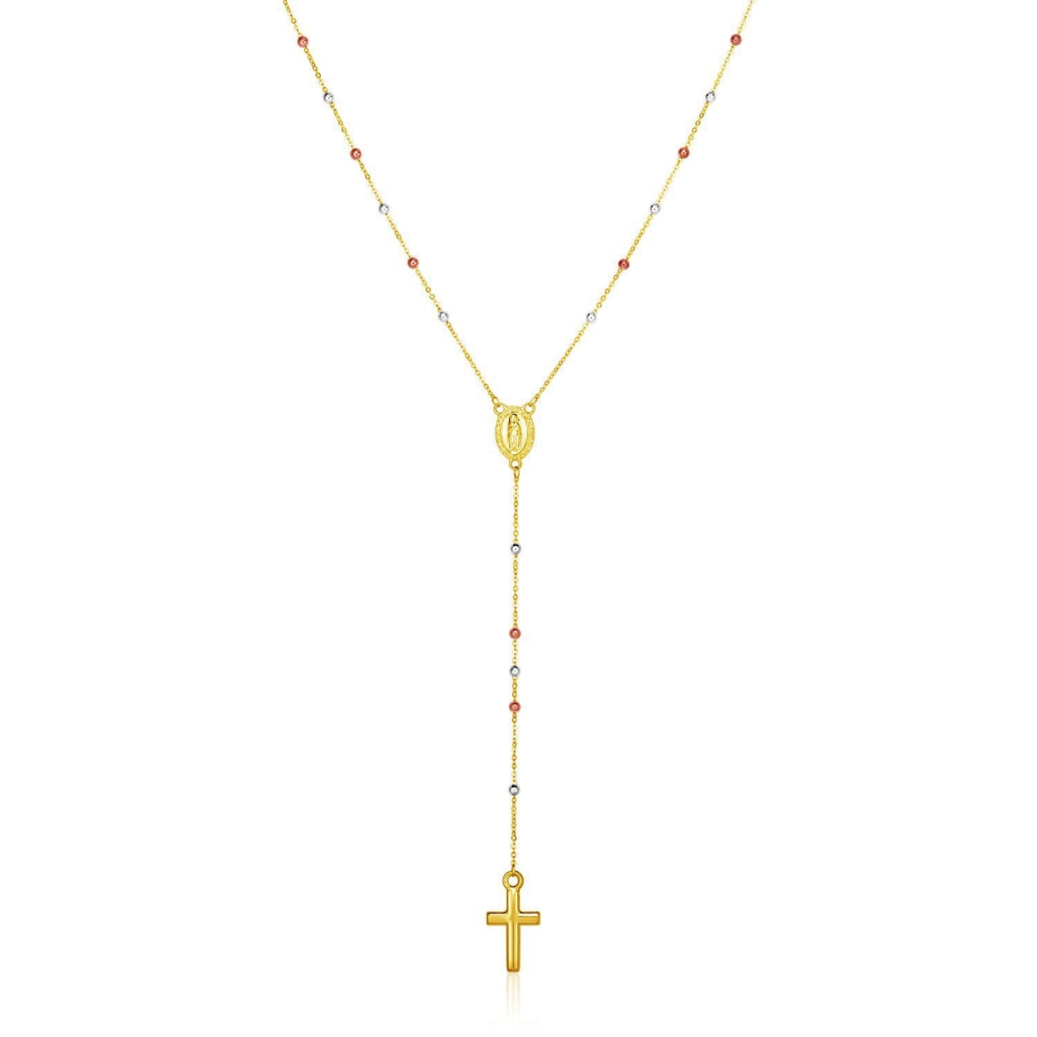 14k Tri Color Gold Lariat Rosary Necklace on sale at MyriadMart
