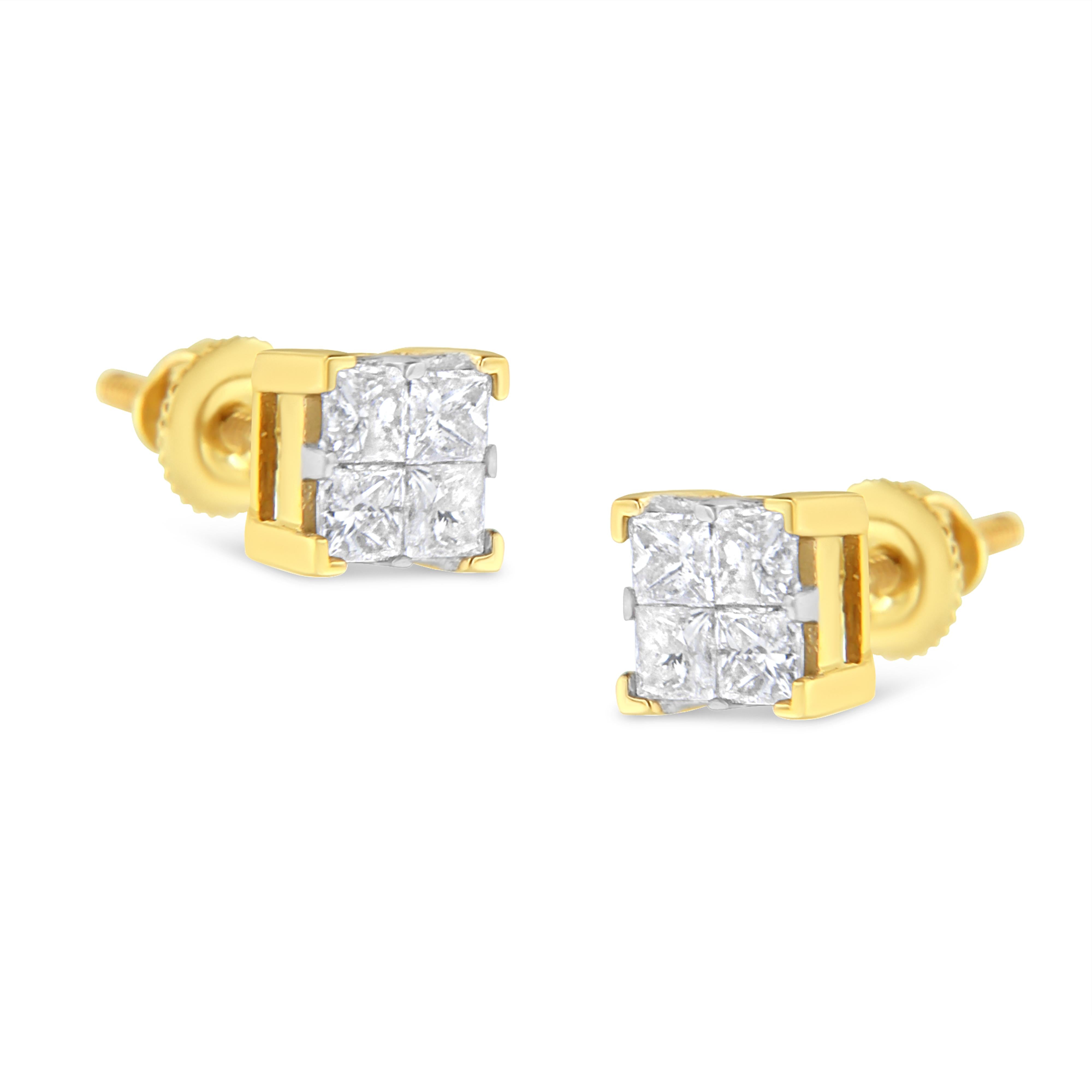 10K Yellow Gold 3/4 Cttw Invisible Set Princess-Cut Diamond Composite Square Stud Earrings I-J Color, I2-I3 Clarity on sale at MyriadMart