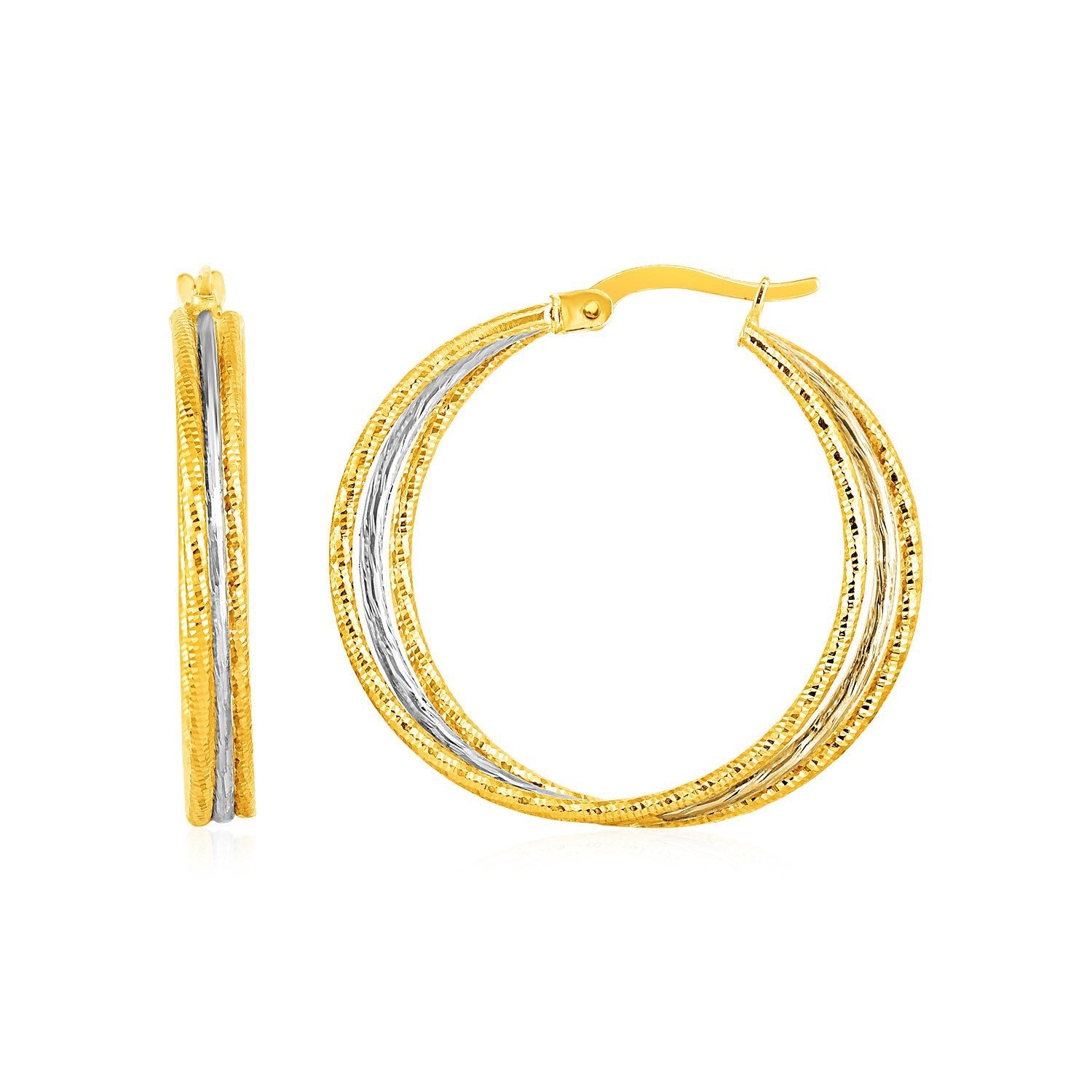 Three Part Textured Hoop Earrings in 14k Yellow and White Gold on sale at MyriadMart
