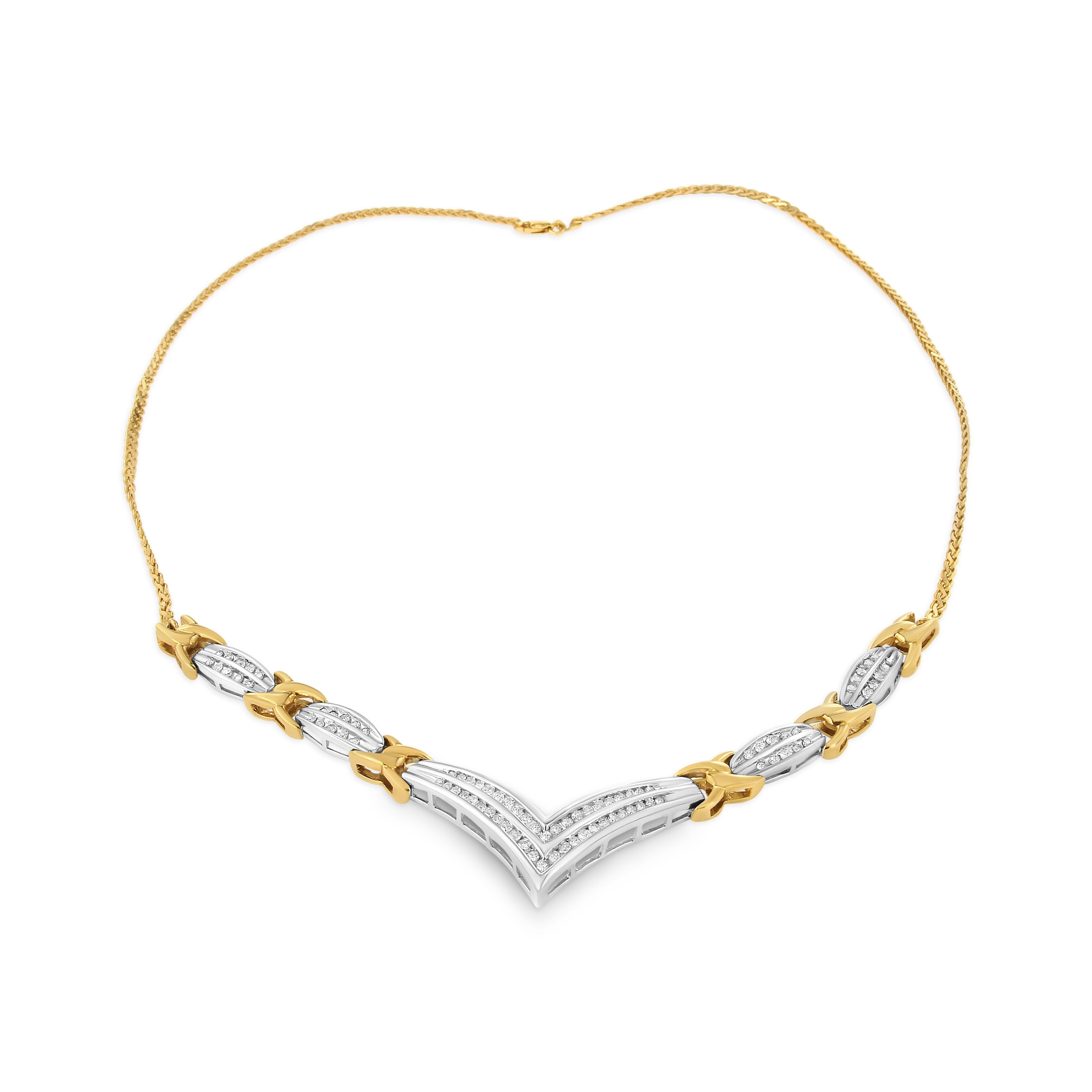 10K Yellow and White Gold 1.0 Cttw Round and Princess cut Diamond "V" Shape Statement Necklace I-J Color, I1-I2 Clarity on sale at MyriadMart