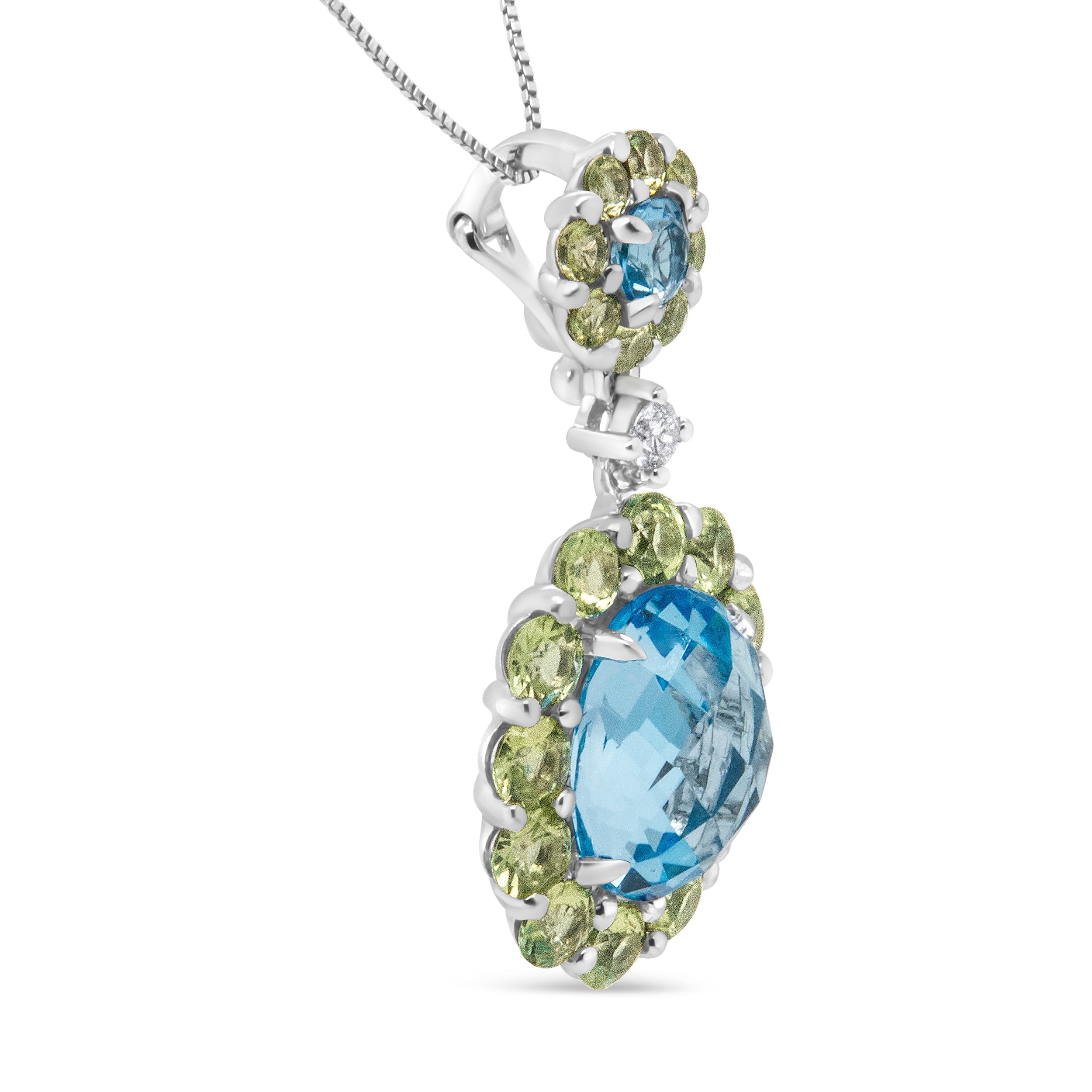 18k White Gold 0.05 Cttw Round Diamond and Blue Topaz and Green Peridot Gemstone Halo Drop 18" Pendant Necklace F-G Color, VS1-VS2 Clarity on sale at MyriadMart