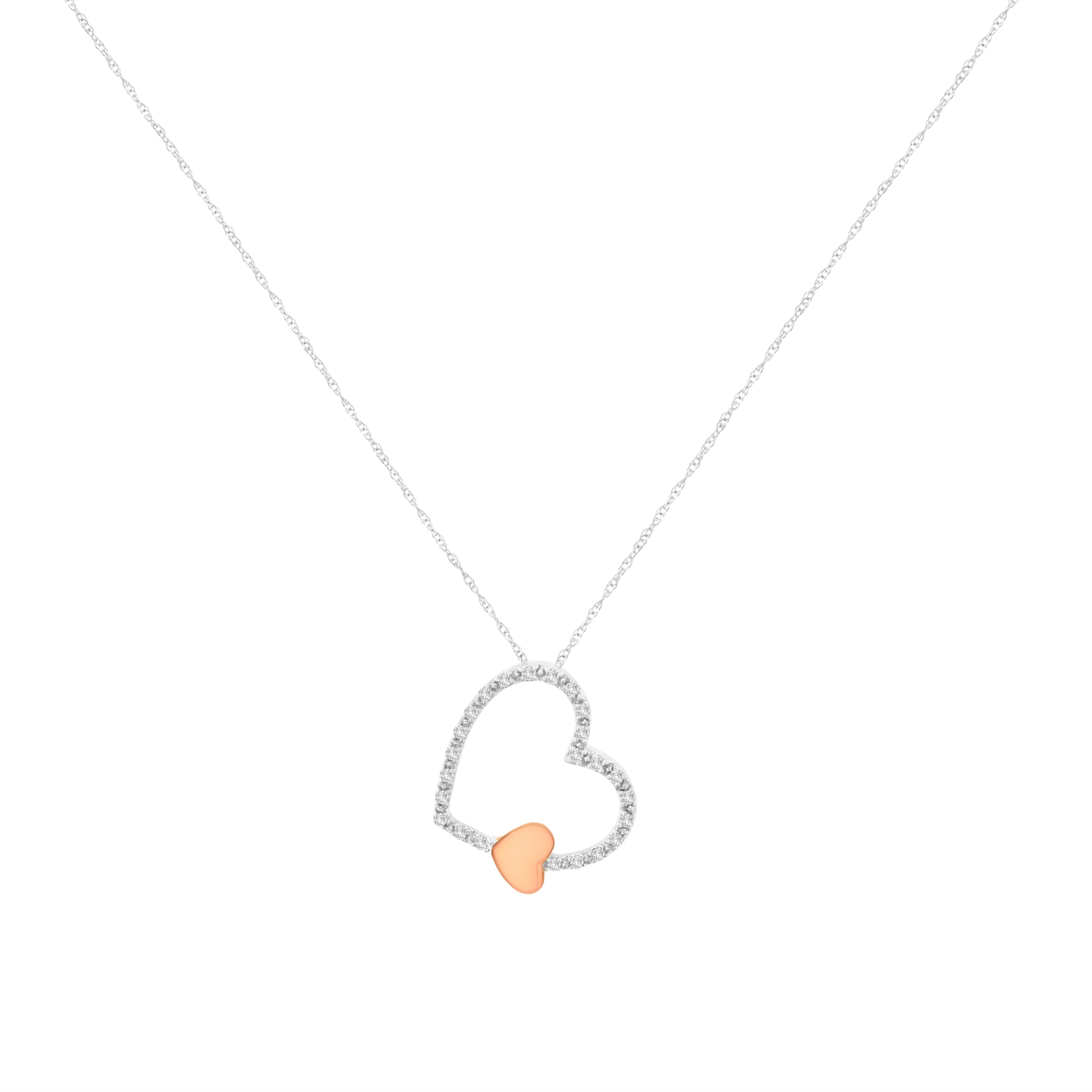 10KT Two Tone Gold 1/6 cttw Diamond Floating Heart Pendant Necklace K-L, I1-I2 on sale at MyriadMart