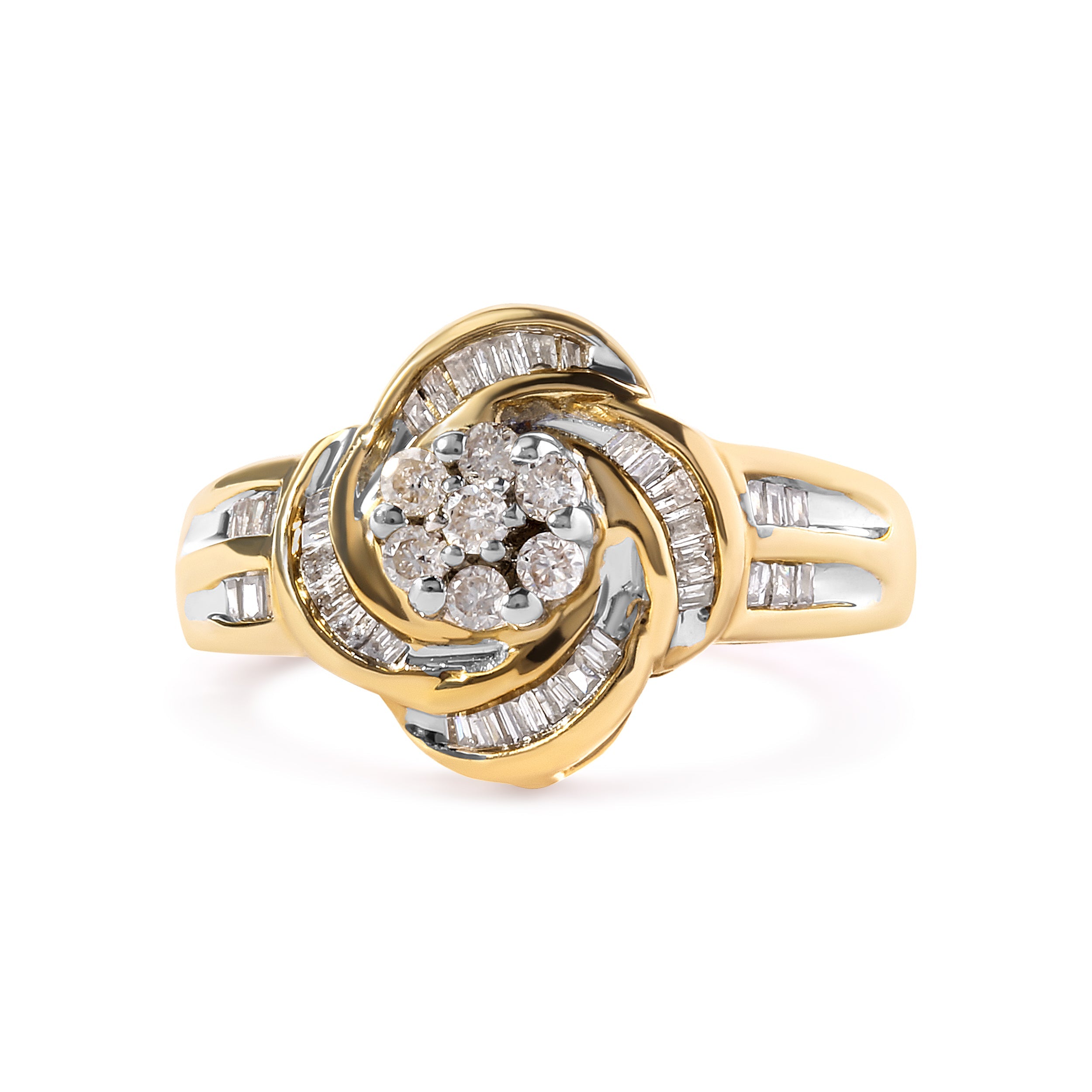 10K Yellow Gold 1/2 Cttw Round and Baguette Diamond Flower Swirl Cocktail Ring I-J Color, SI2-I1 Clarity - Ring Size 7 on sale at MyriadMart