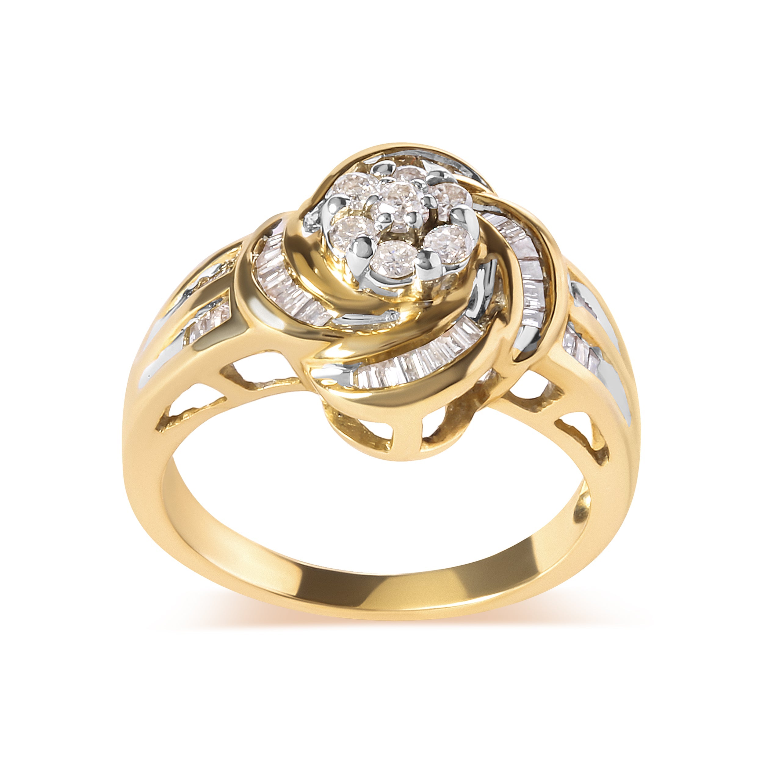 10K Yellow Gold 1/2 Cttw Round and Baguette Diamond Flower Swirl Cocktail Ring I-J Color, SI2-I1 Clarity - Ring Size 7 on sale at MyriadMart
