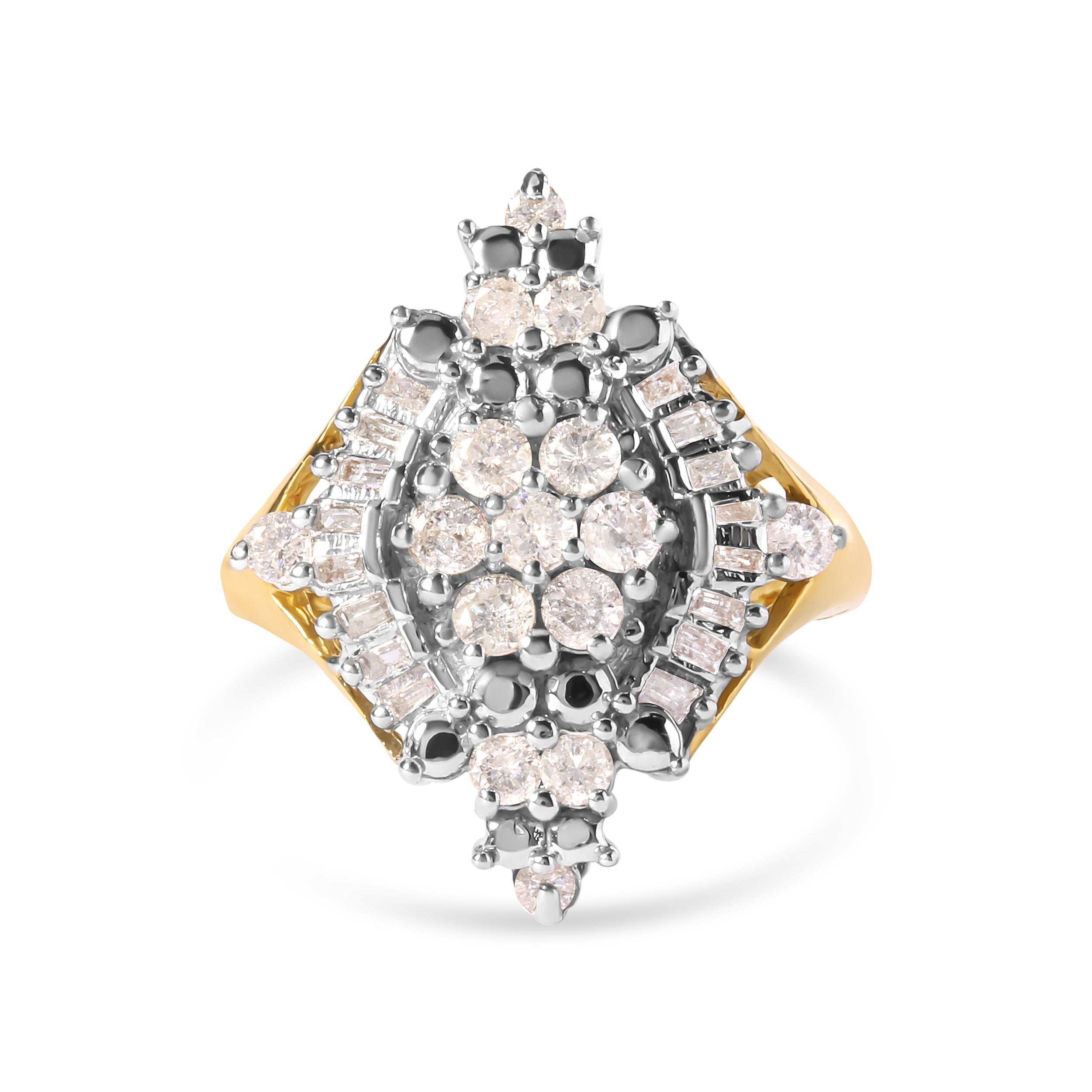 10K Yellow Gold 1 Cttw Round and Baguette cut Diamond Cluster and Rhombus Halo Ring H-I Color, I1-I2 Clarity - Ring Size 7 on sale at MyriadMart