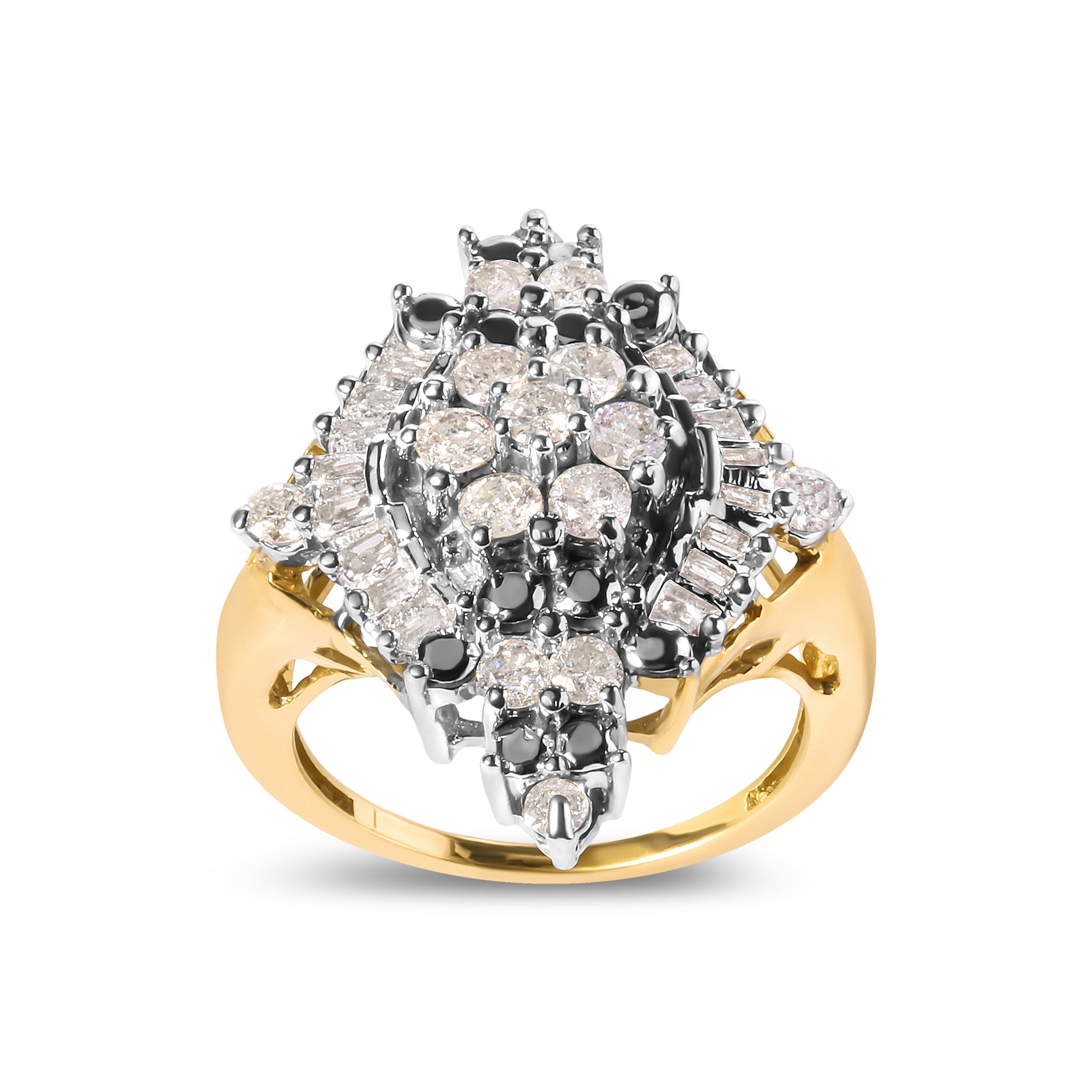 10K Yellow Gold 1 Cttw Round and Baguette cut Diamond Cluster and Rhombus Halo Ring H-I Color, I1-I2 Clarity - Ring Size 7 on sale at MyriadMart