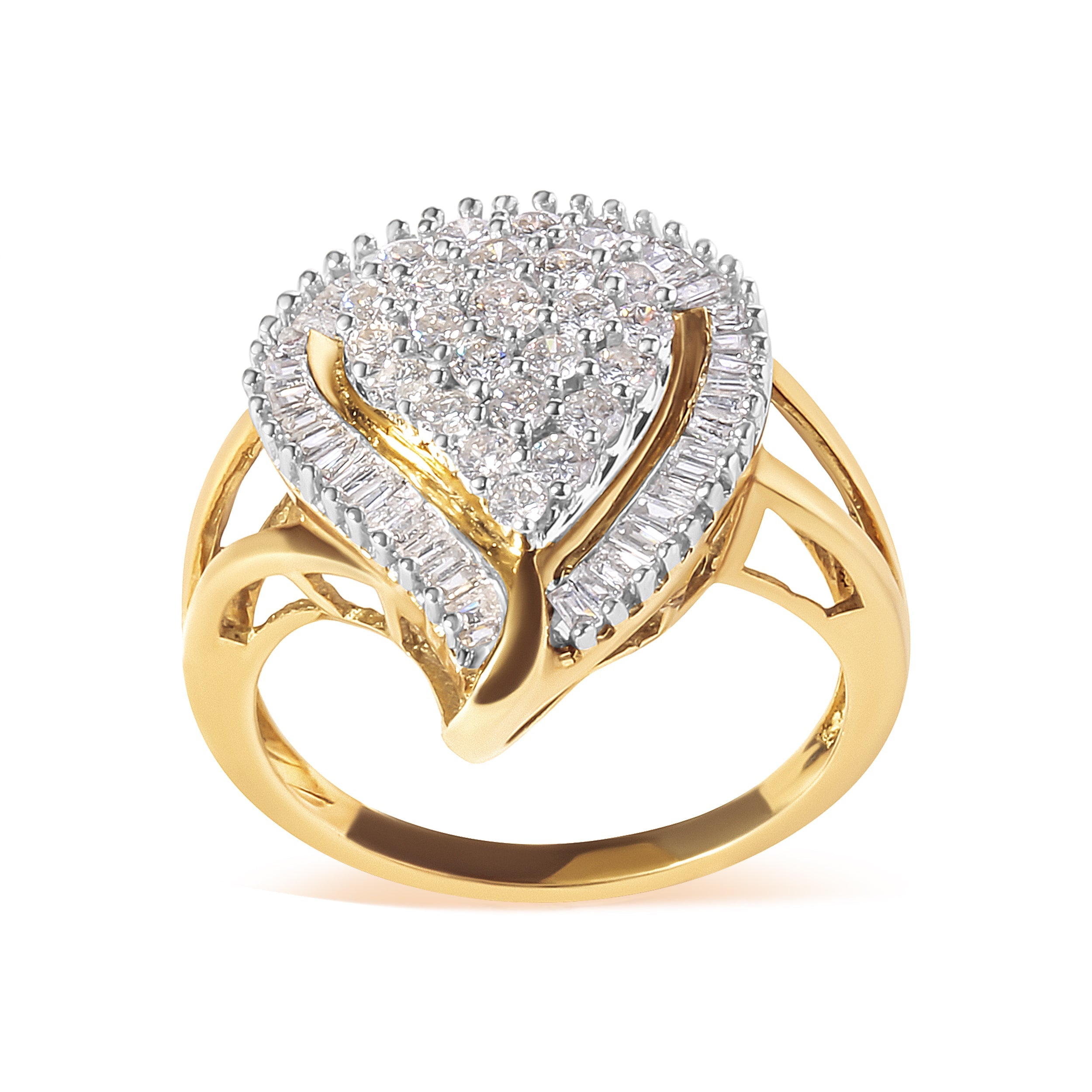 10K Yellow Gold 1 Cttw Round and Baguette Cut Diamond Ballerina Cluster Ring H-I Color, SI2-I1 Clarity on sale at MyriadMart