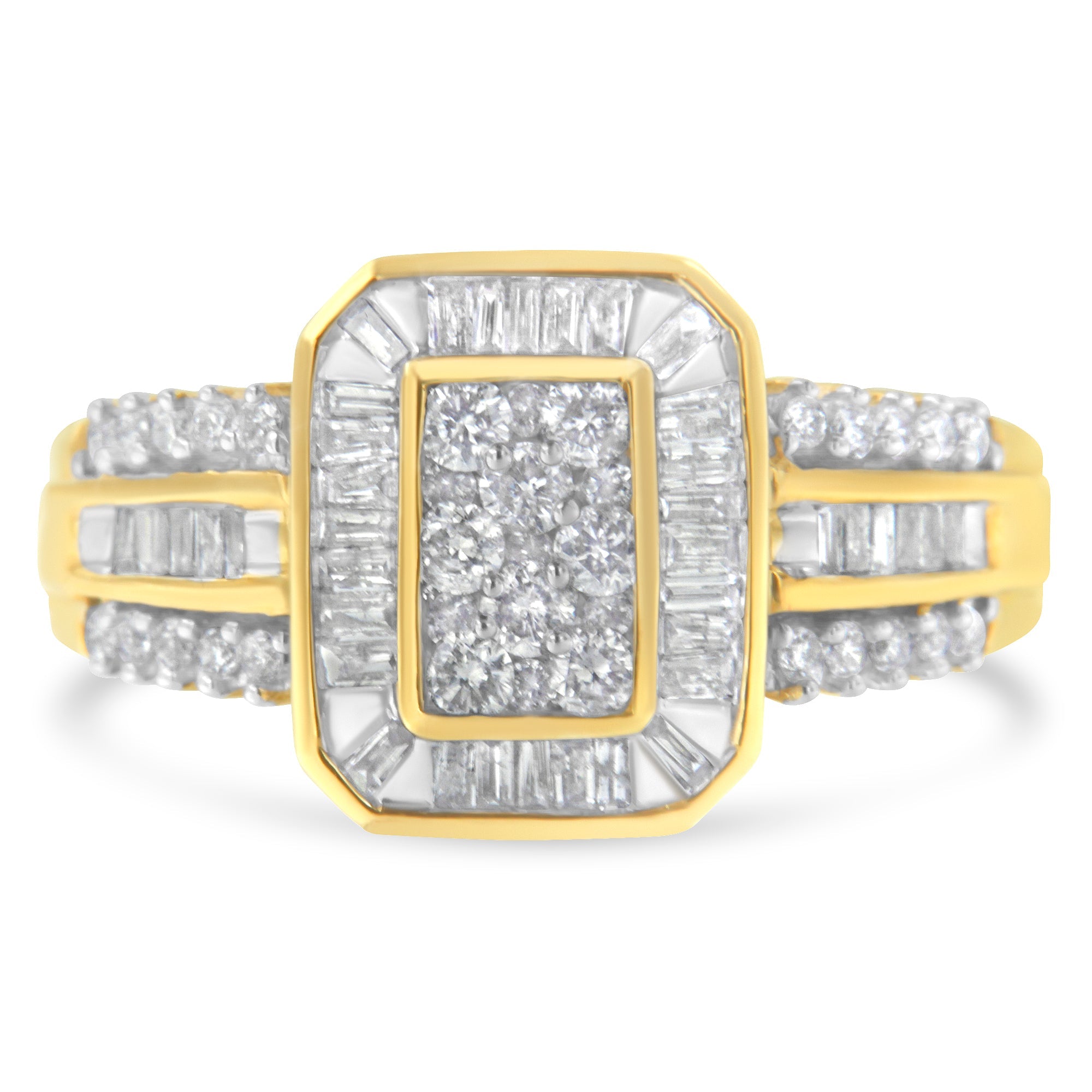 10K Yellow Gold Round and Baguette-Cut Diamond Cocktail Ring 1.0 Cttw, H-I Color, SI2-I1 Clarity - Size 7 on sale at MyriadMart