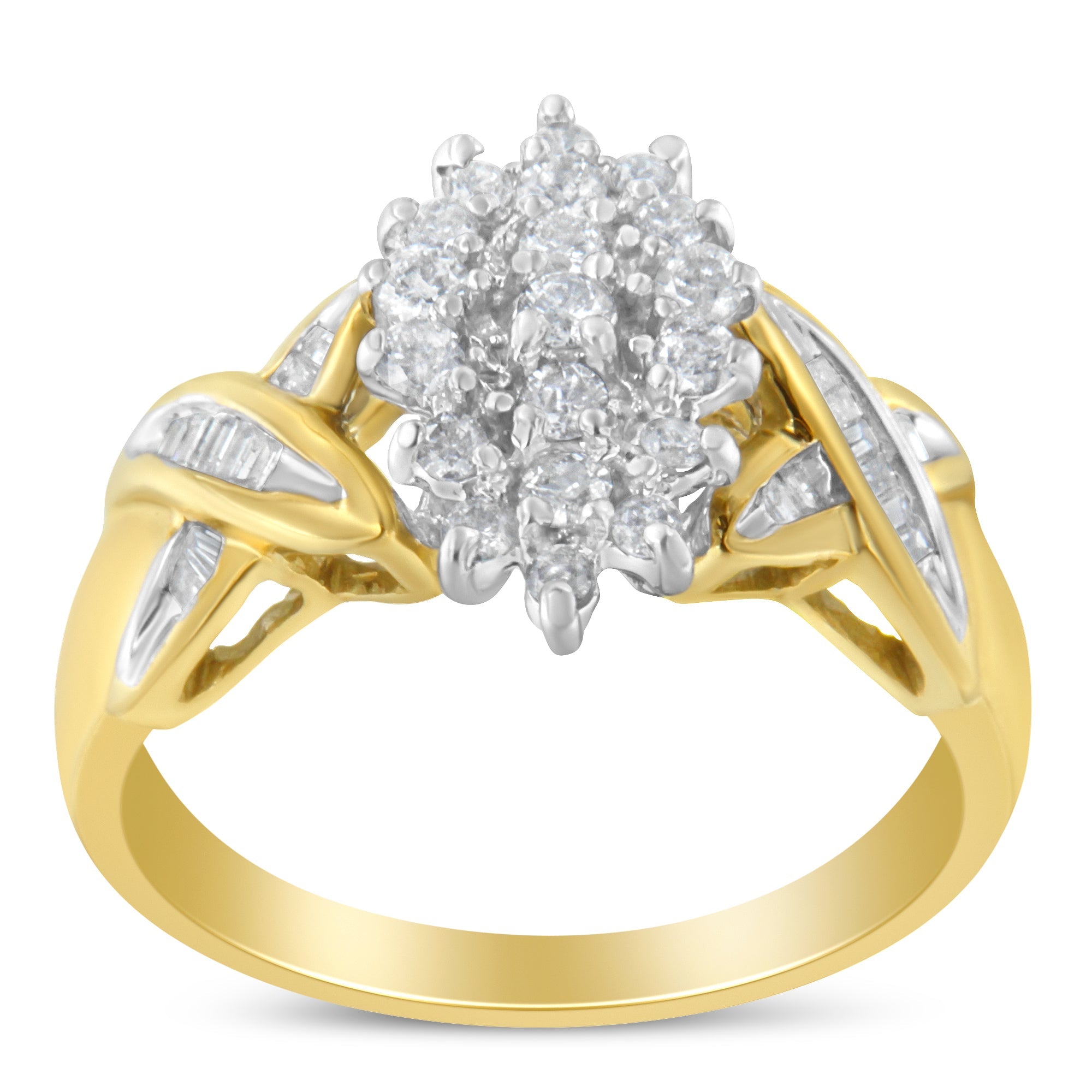 10K Two-Toned Gold Round Baguette Diamond Cluster Ring 1/2 Cttw, I-J Color, I2-I3 Clarity - Size 6-1/2 on sale at MyriadMart