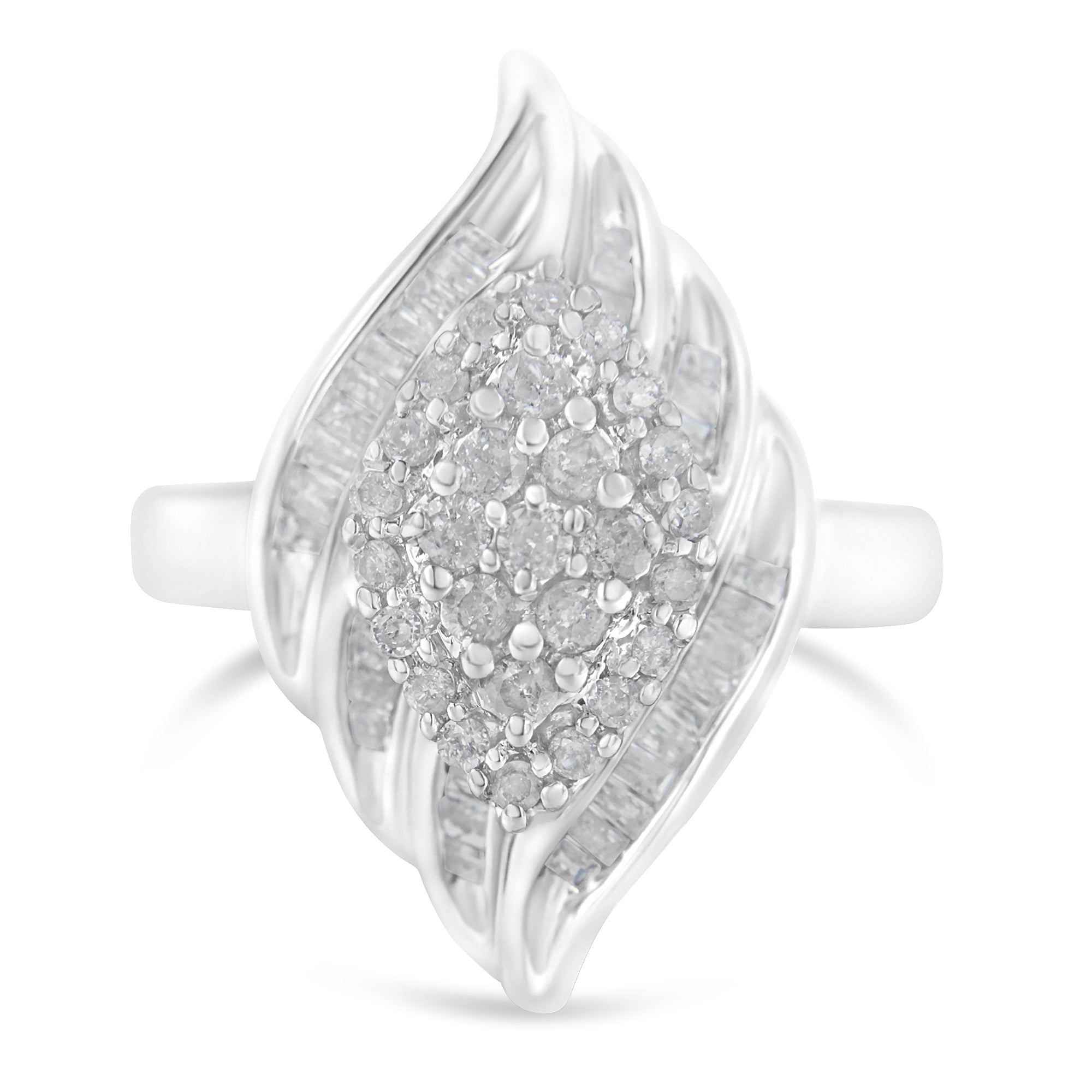 .925 Sterling Silver Â¾ Cttw Round and Baguette Cut Diamond Stair-Stepped Cluster Waterfall Cocktail Ring I-J Color, I2-I3 Clarity - Size 6 on sale at MyriadMart