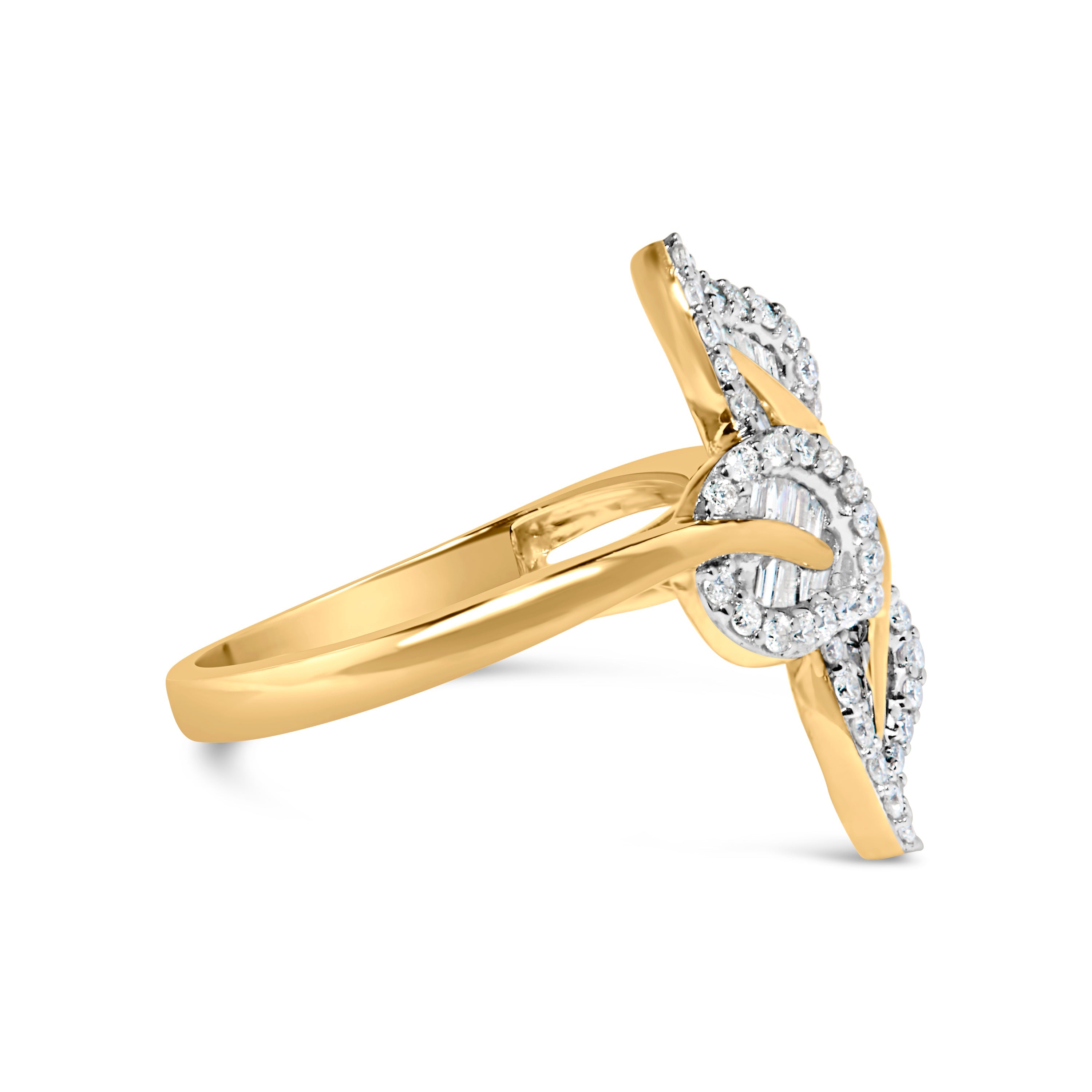10k Yellow and White Gold 1/2 Cttw Baguette and Round Diamond Bypass Triple Leaf Ring I-J Color, I1-I2 Clarity - Size 7 on sale at MyriadMart