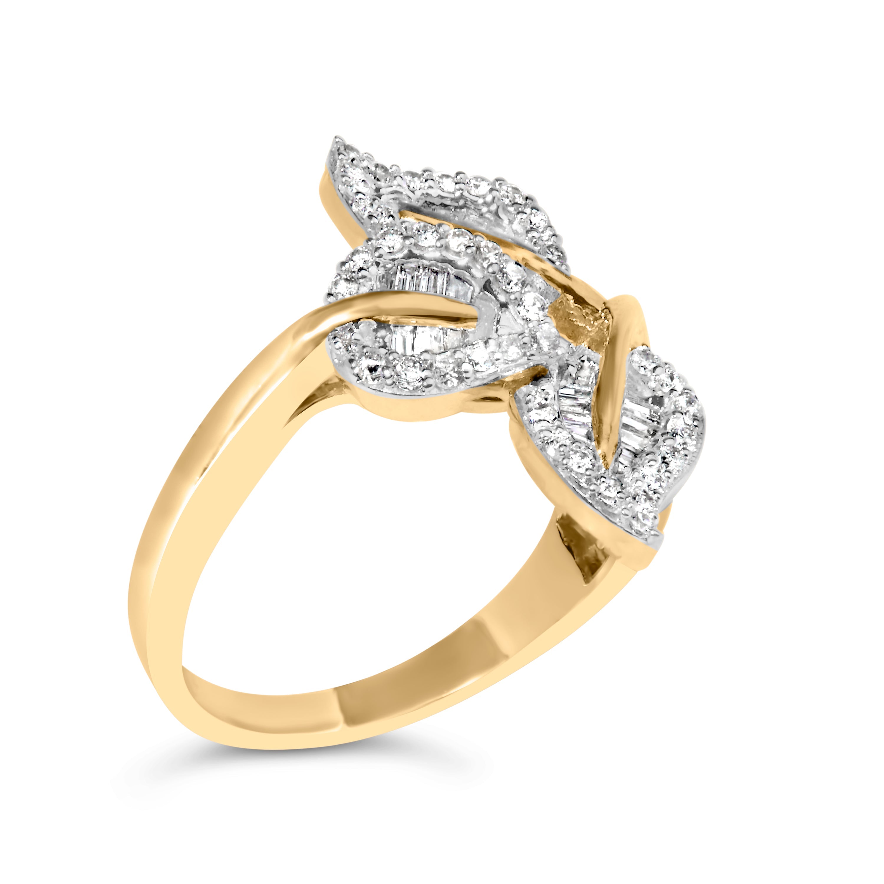 10k Yellow and White Gold 1/2 Cttw Baguette and Round Diamond Bypass Triple Leaf Ring I-J Color, I1-I2 Clarity - Size 7 on sale at MyriadMart