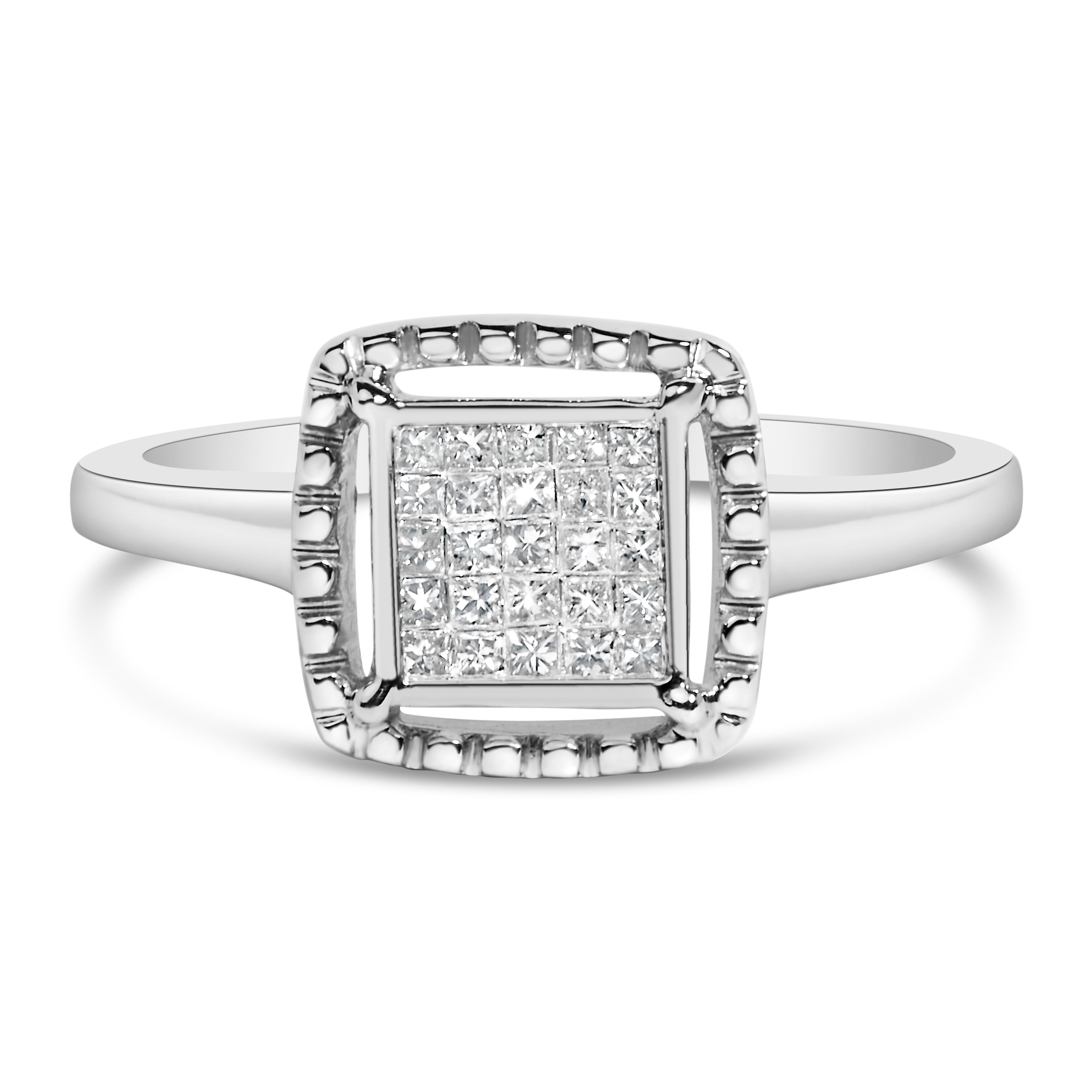 .925 Sterling Silver 1/5 Cttw Invisible Set Princess Cut Diamond Promise Ring with Beaded Halo H-I Color, I1-I2 Clarity - Ring Size 7 on sale at MyriadMart