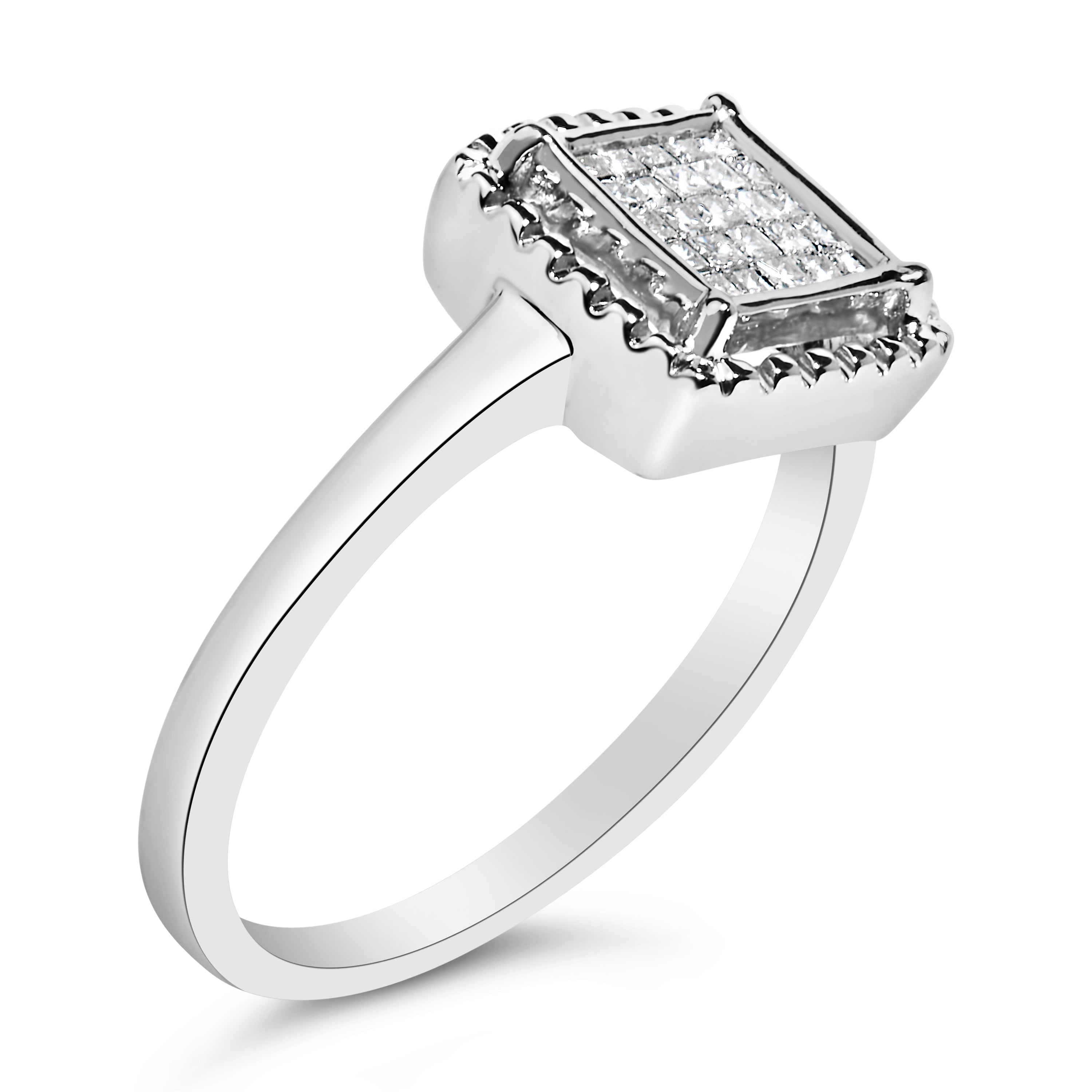 .925 Sterling Silver 1/5 Cttw Invisible Set Princess Cut Diamond Promise Ring with Beaded Halo H-I Color, I1-I2 Clarity - Ring Size 7 on sale at MyriadMart