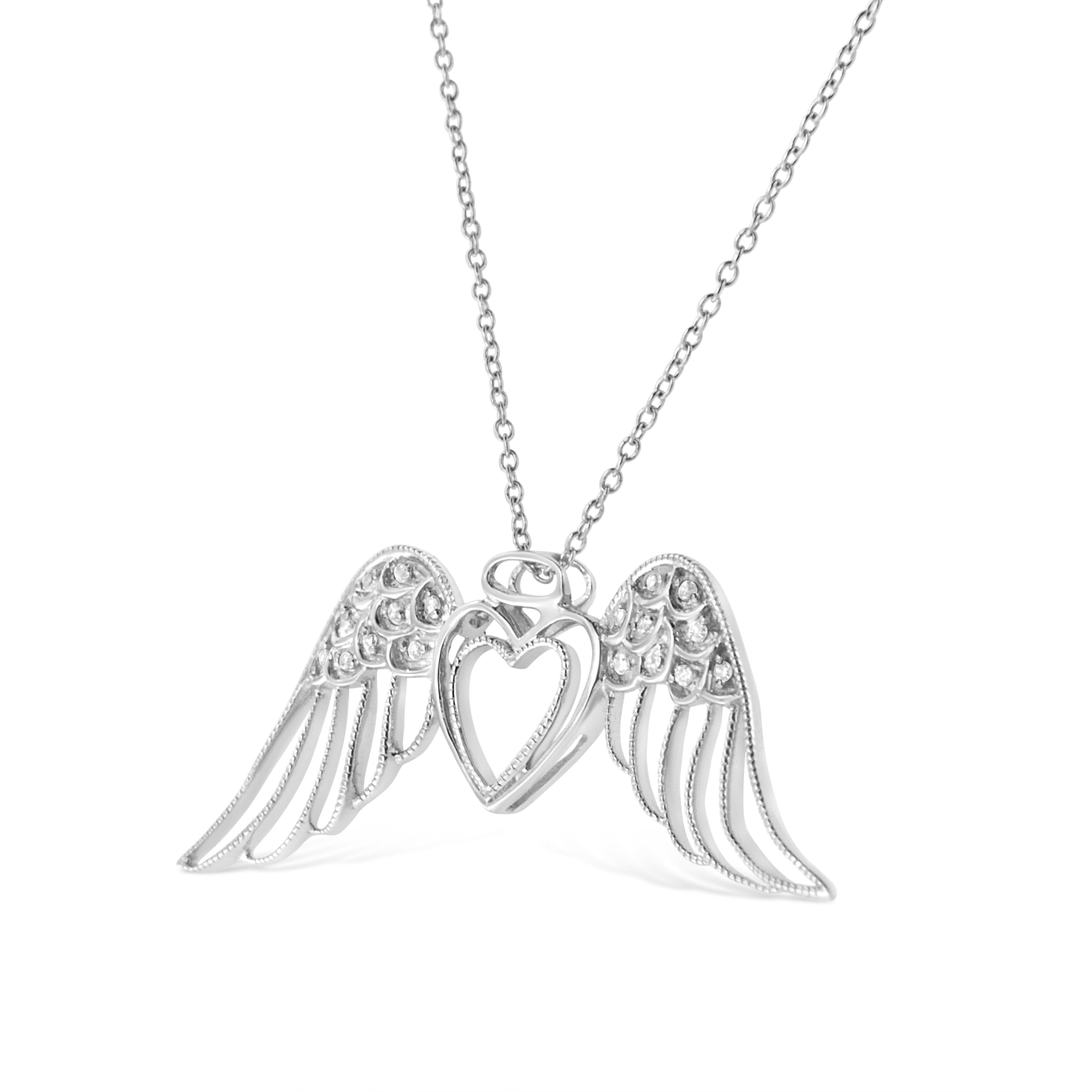 .925 Sterling Silver Pave-Set Diamond Accent Angel Wing 18" Double Heart Pendant Necklace I-J Color, I1-I2 Clarity on sale at MyriadMart