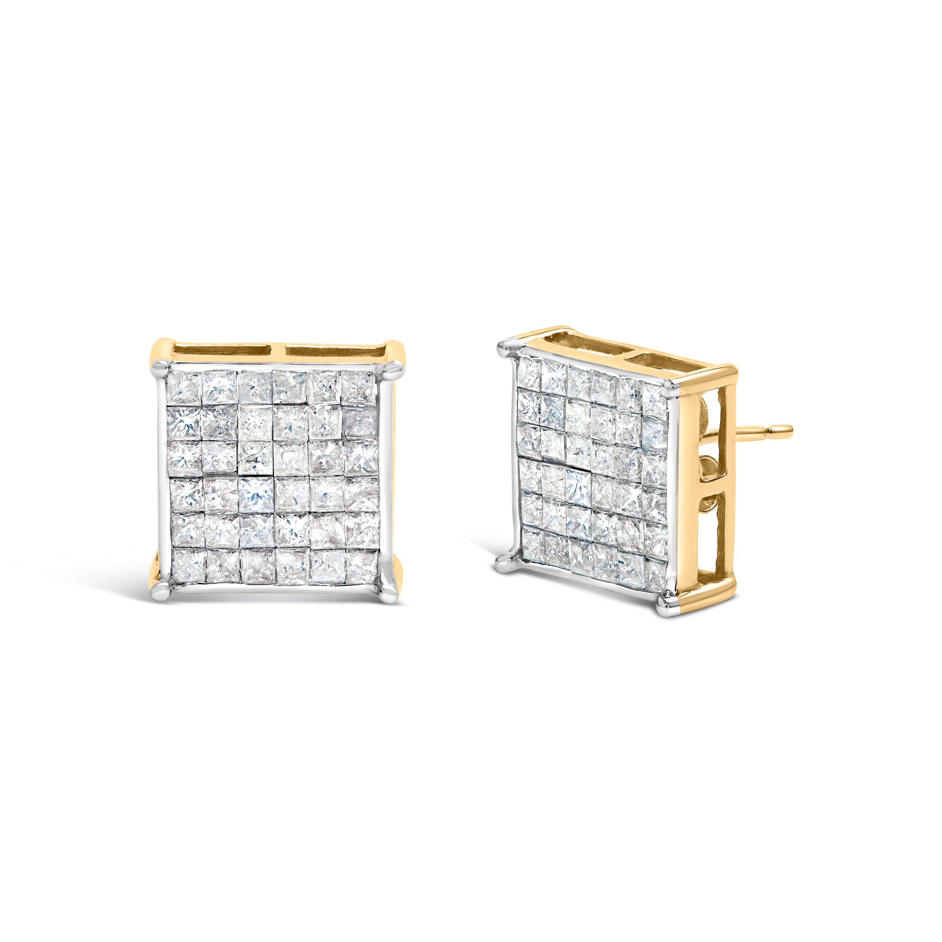10K Yellow Gold 2.0 Cttw Invisible-Set Princess-Cut Diamond Stud Earrings on sale at MyriadMart