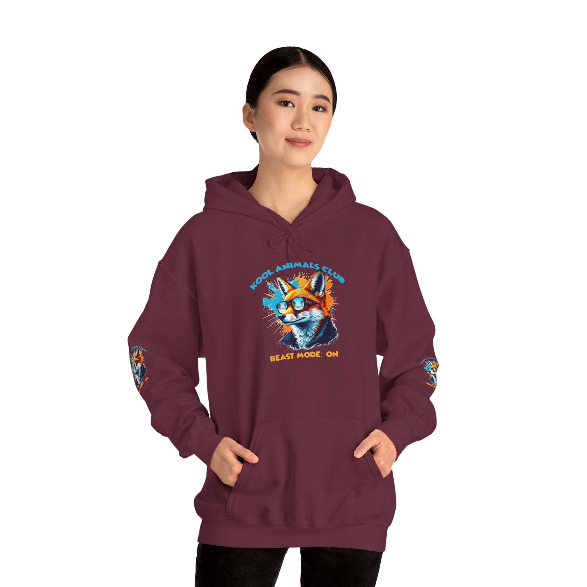 Kool Animals Club Hoodie with Cool Fox in Sunglasses and ‘Beast Mode On’ Design, Unisex Sweatshirt for Animal Lovers, Casual Streetwear, Perfect Gift for Holidays on sale at MyriadMart