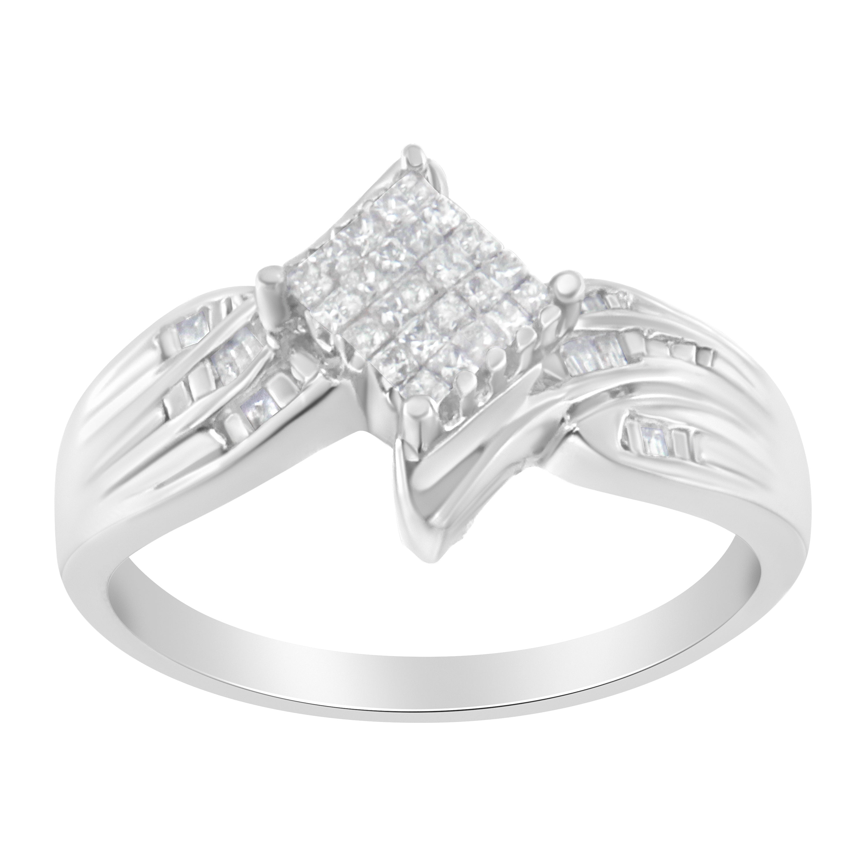 10K White Gold 1/3 Cttw Princess and Baguette Cut Diamond Bypass Style Cocktail Ring I-J Color, I1-I2 Clarity - Size 4 on sale at MyriadMart