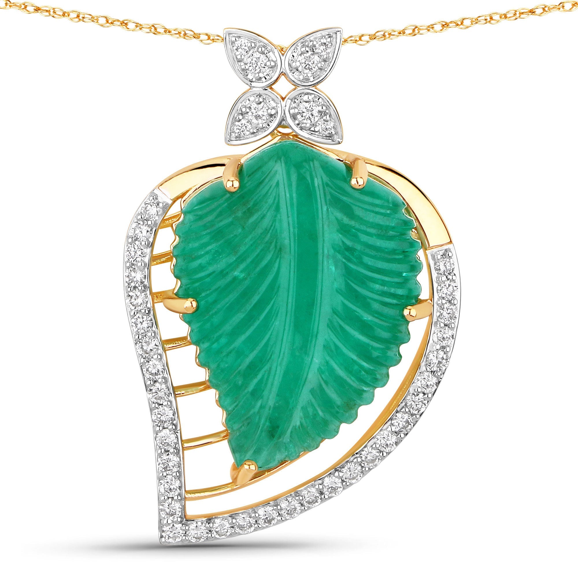 29.67 Carat Genuine Colombian Emerald and White Diamond 14K Yellow Gold Pendant on sale at MyriadMart
