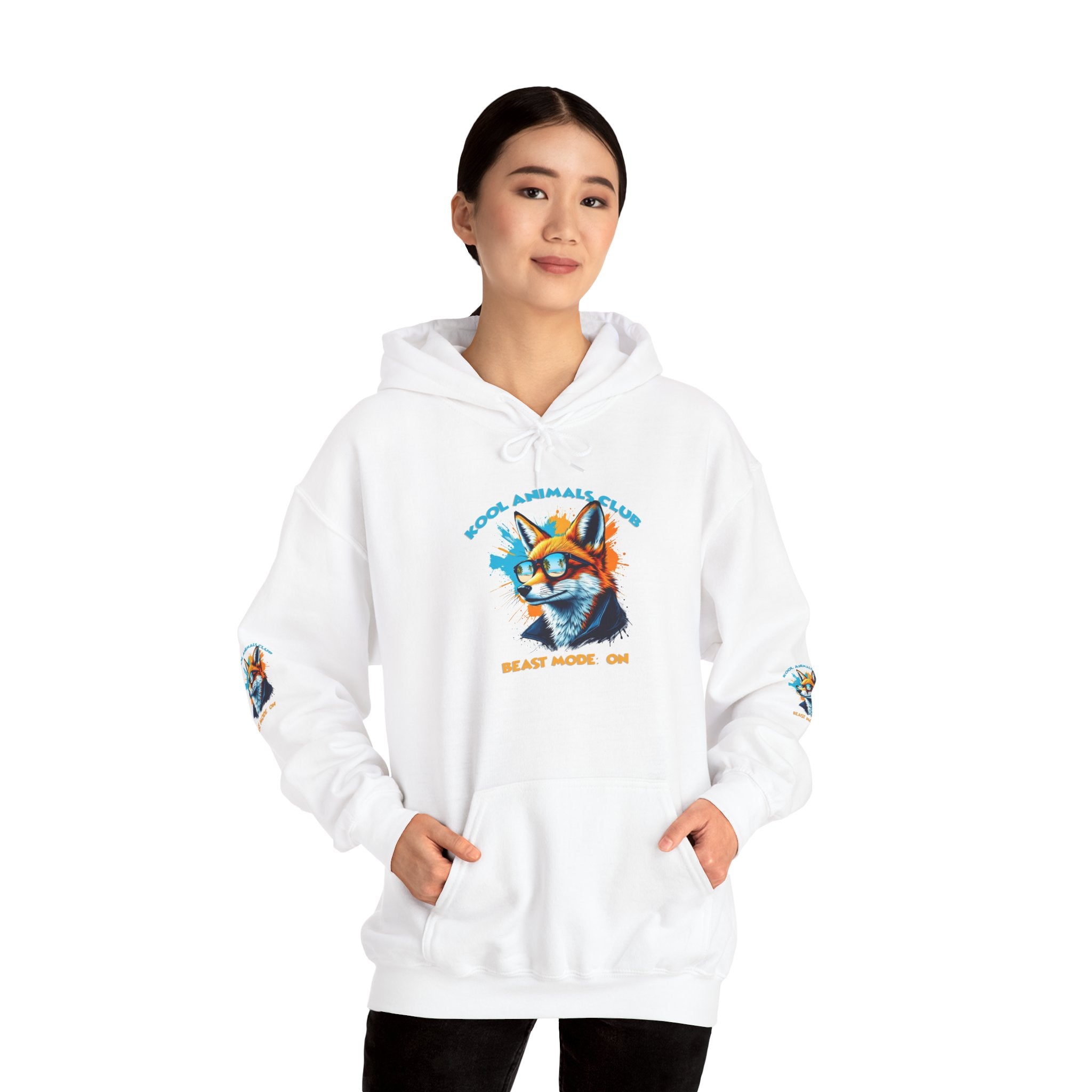 Kool Animals Club Hoodie with Cool Fox in Sunglasses and ‘Beast Mode On’ Design, Unisex Sweatshirt for Animal Lovers, Casual Streetwear, Perfect Gift for Holidays - MyriadMart