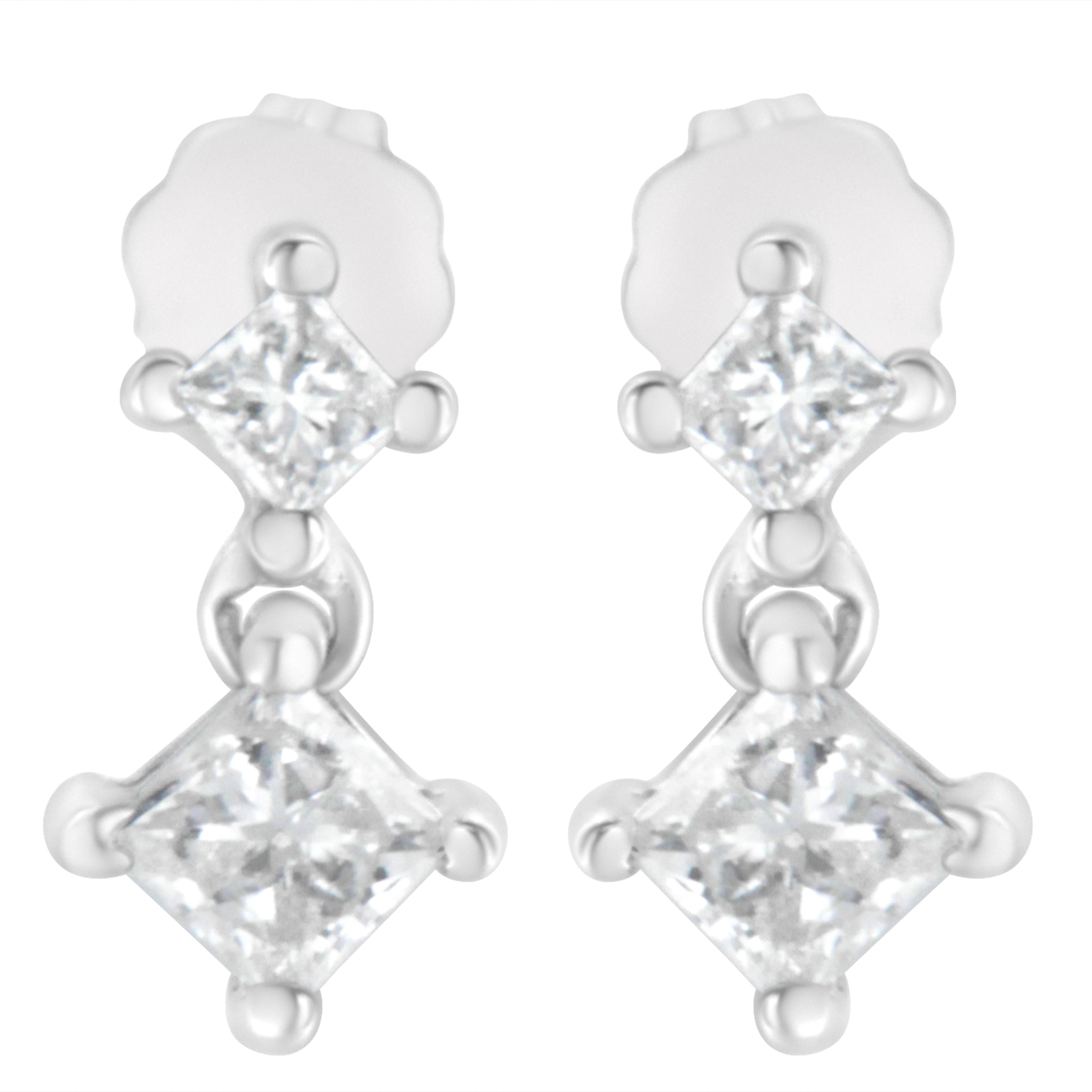 14K White Gold 3/4 cttw Double Diamond Princess-Cut Stud Earrings I-J Clarity, I2-I3 Color on sale at MyriadMart
