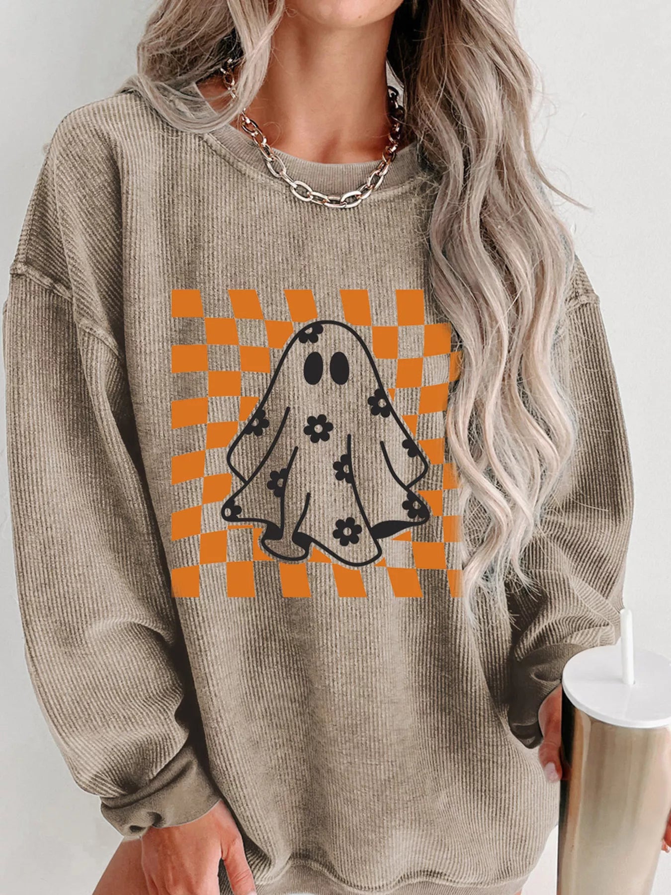 Halloween Checkerboard Floral Ghost Graphic Corded Sweatshirt - MyriadMart