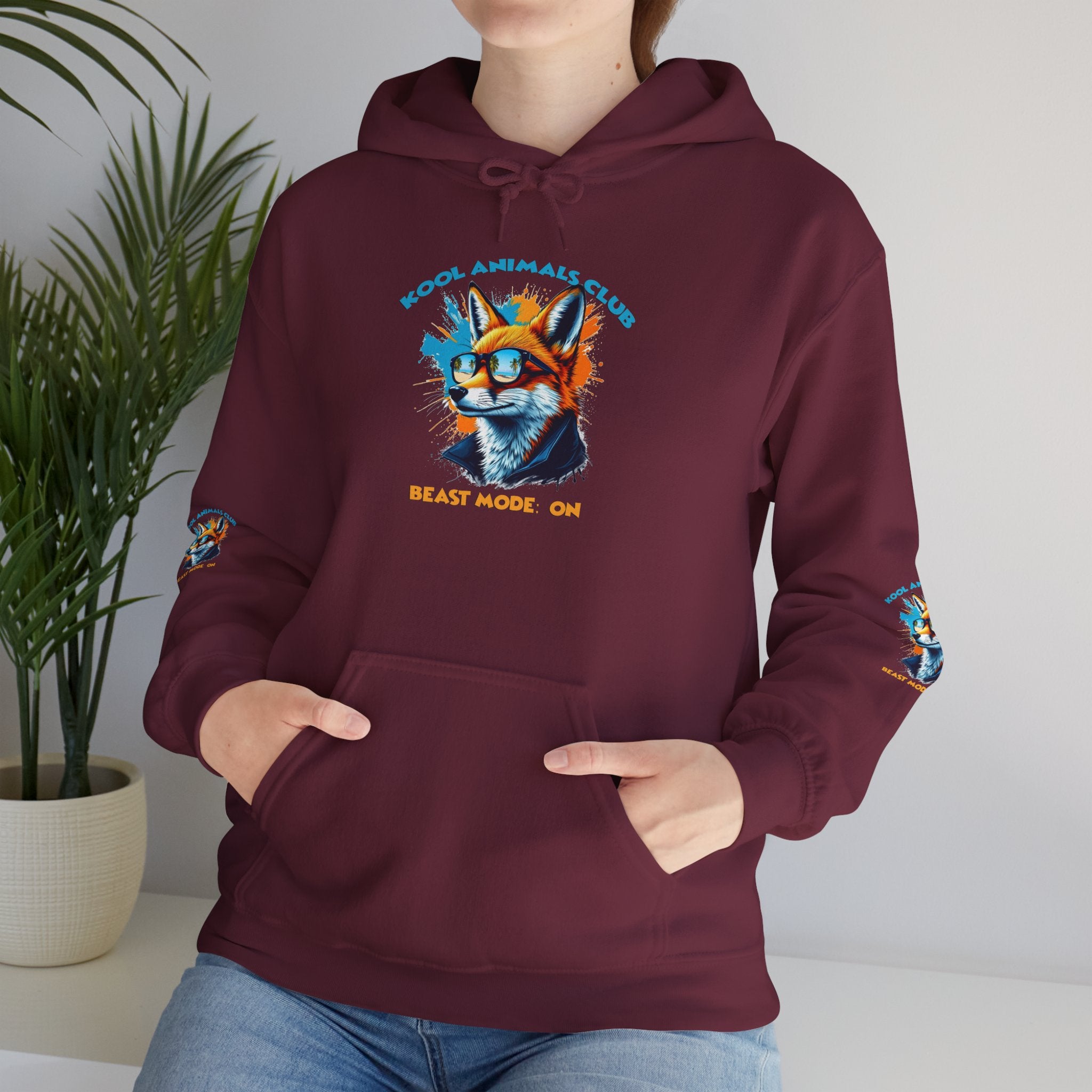 Kool Animals Club Hoodie with Cool Fox in Sunglasses and ‘Beast Mode On’ Design, Unisex Sweatshirt for Animal Lovers, Casual Streetwear, Perfect Gift for Holidays on sale at MyriadMart