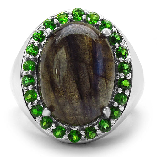 11.90 Carat Genuine Labradorite & Chrome Diopside .925 Sterling Silver Ring on sale at MyriadMart