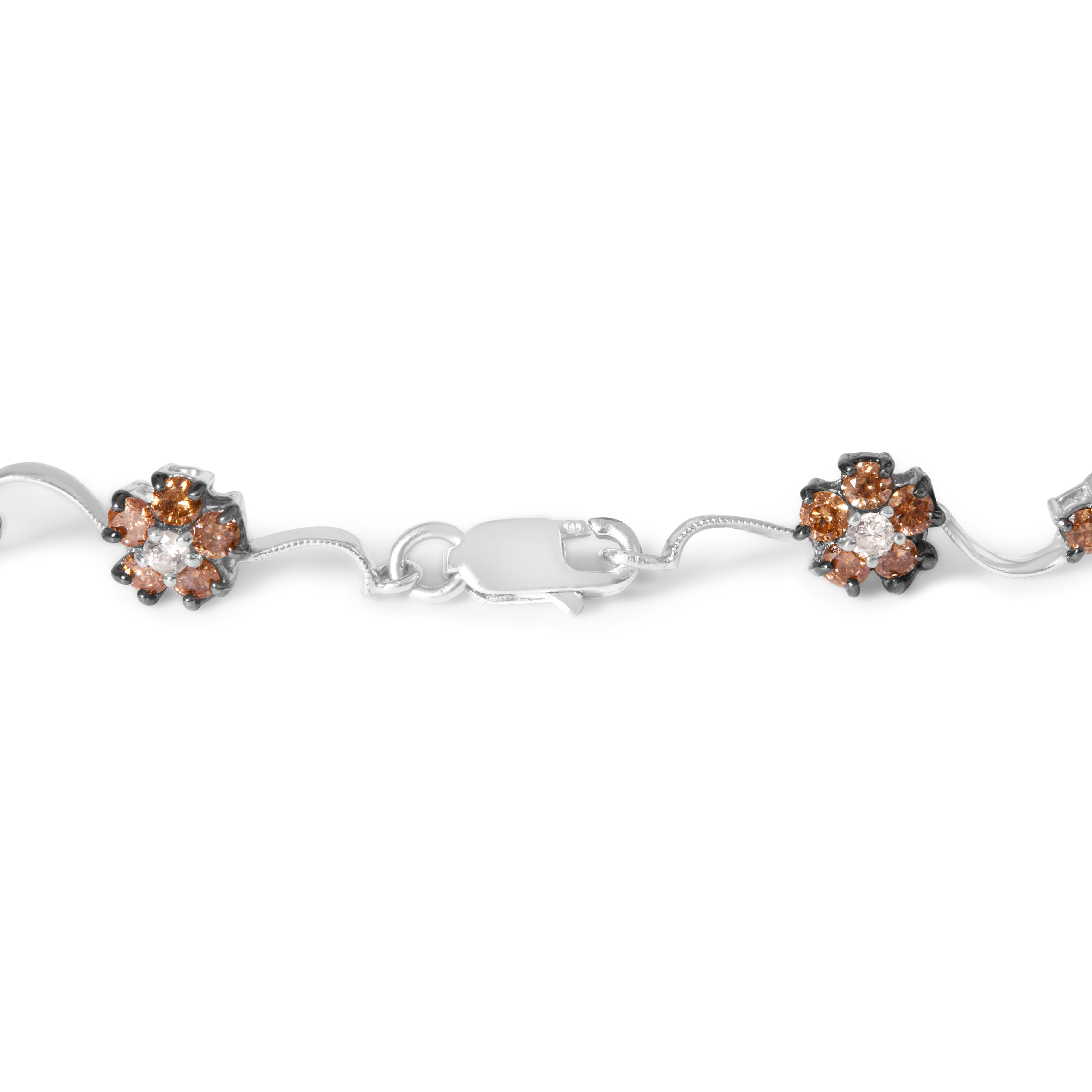 10K White Gold 4.0 Cttw Champagne and White Diamond Floral Cluster and Station Link Bracelet H-I Color, SI2-I1 Clarity - 7" Inches on sale at MyriadMart