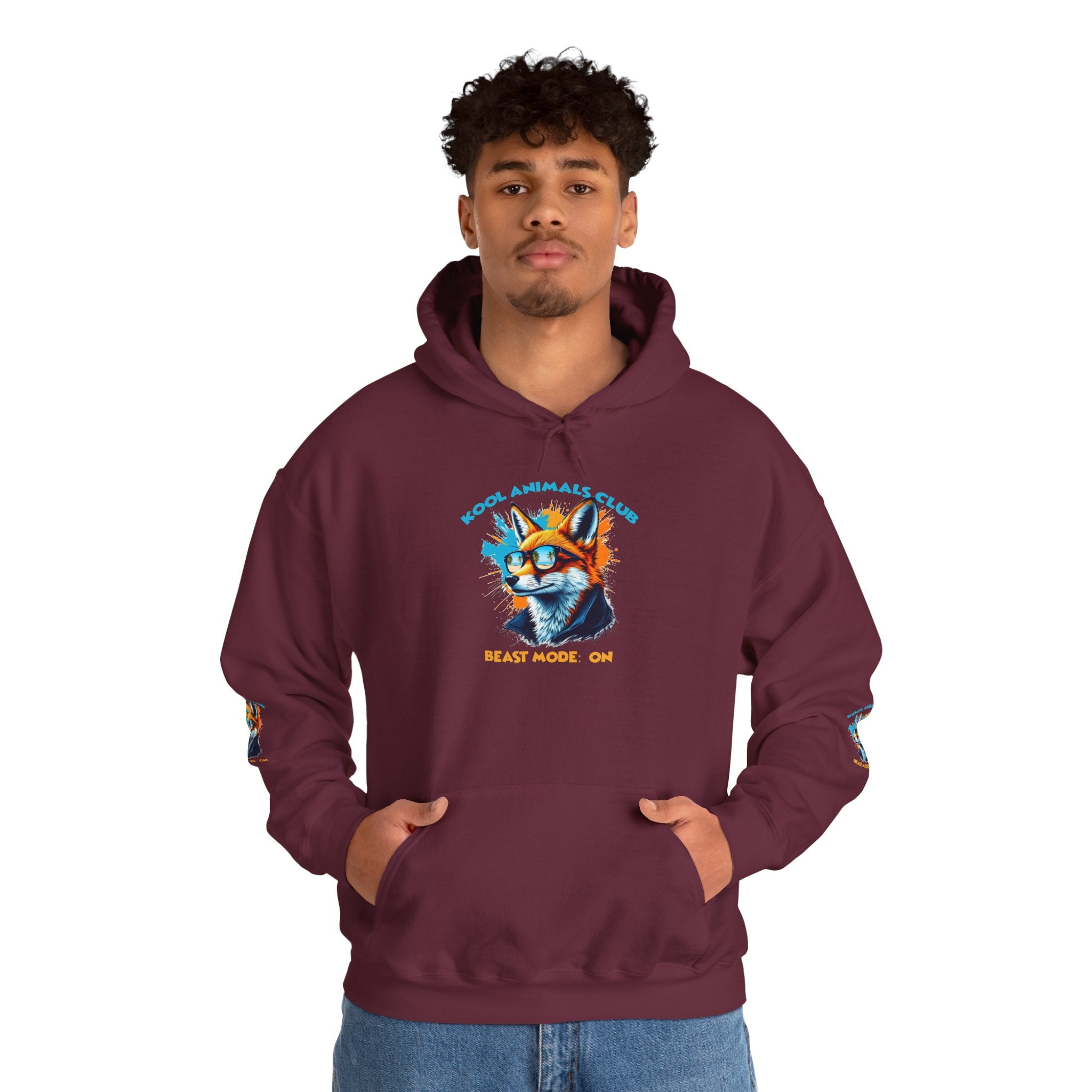 Kool Animals Club Hoodie with Cool Fox in Sunglasses and ‘Beast Mode On’ Design, Unisex Sweatshirt for Animal Lovers, Casual Streetwear, Perfect Gift for Holidays on sale at MyriadMart