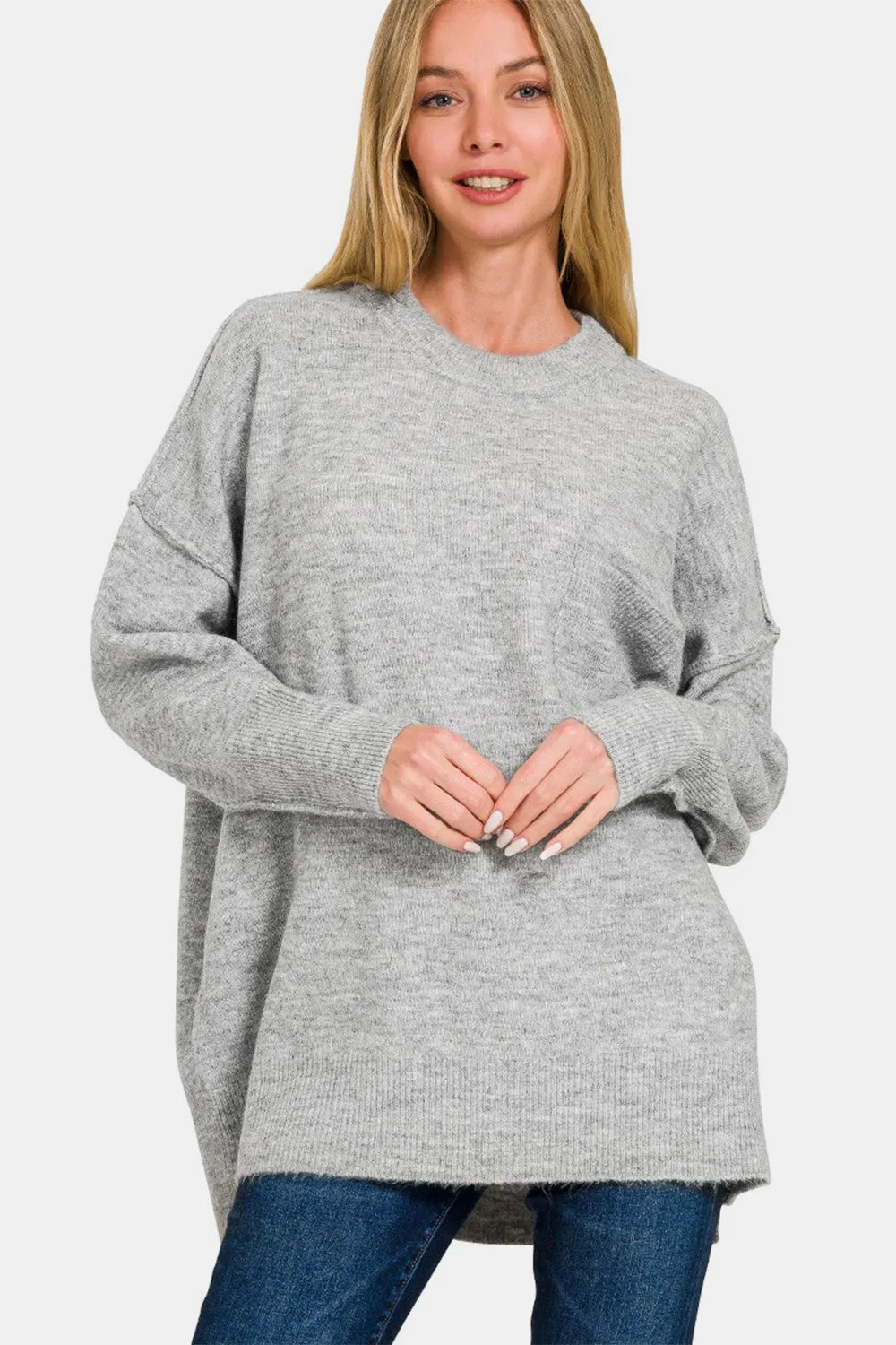 Zenana High-Low Hem Drop Shoulder Sweater - MyriadMart