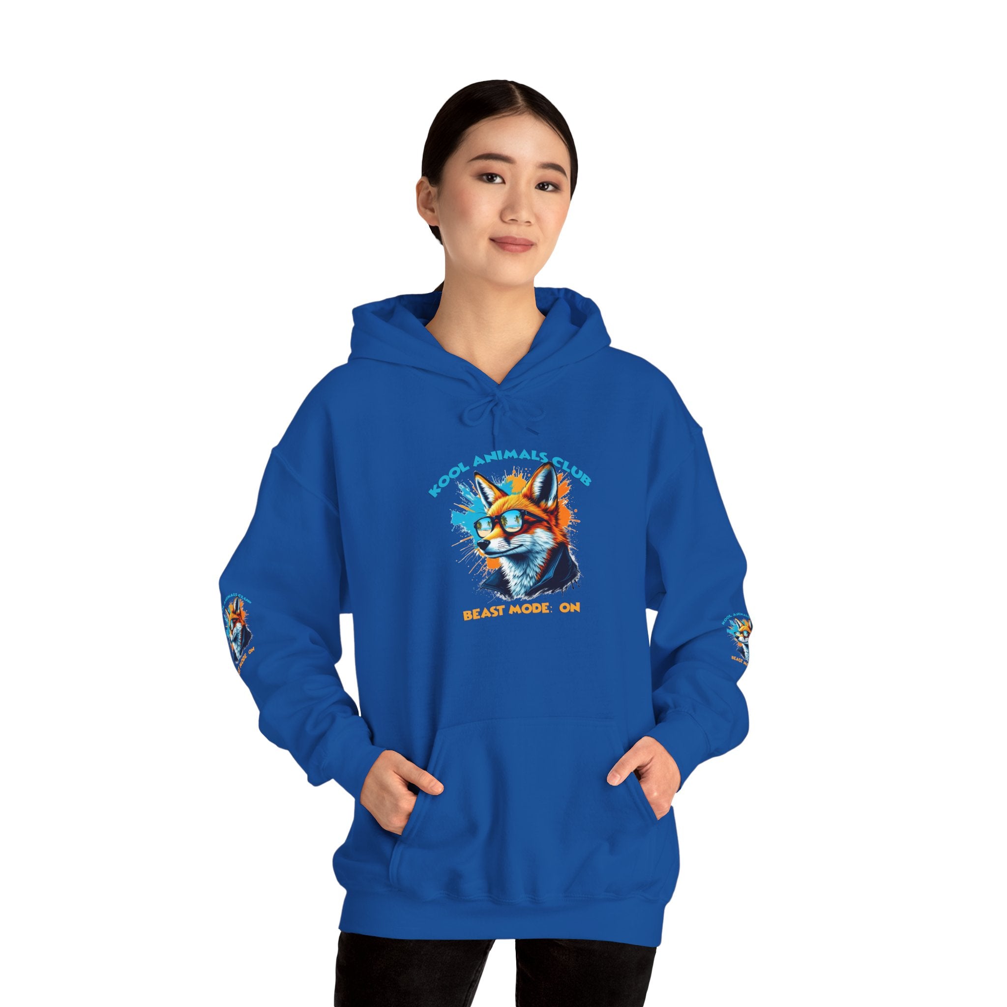 Kool Animals Club Hoodie with Cool Fox in Sunglasses and ‘Beast Mode On’ Design, Unisex Sweatshirt for Animal Lovers, Casual Streetwear, Perfect Gift for Holidays on sale at MyriadMart