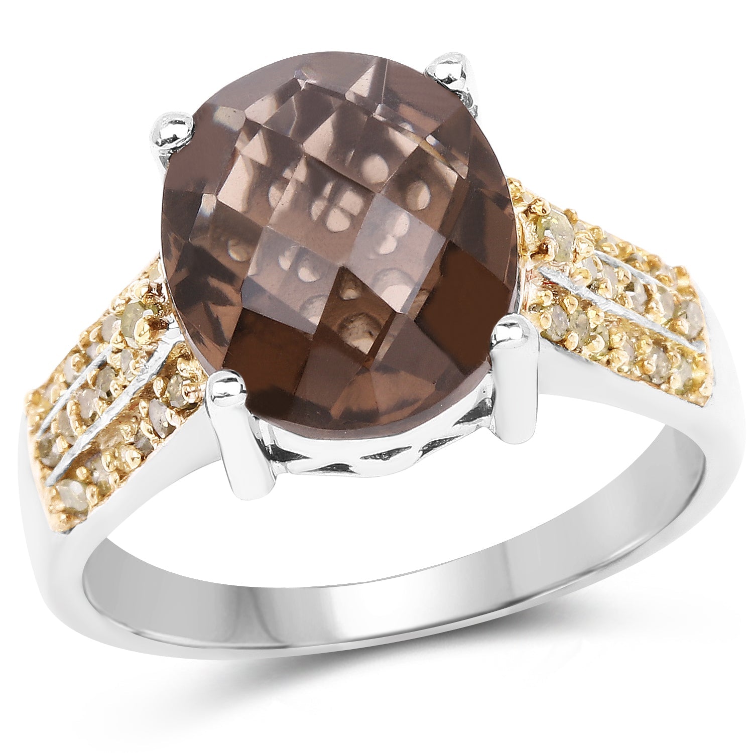 4.87 Carat Genuine Smoky Quartz and Yellow Diamond .925 Sterling Silver Ring on sale at MyriadMart