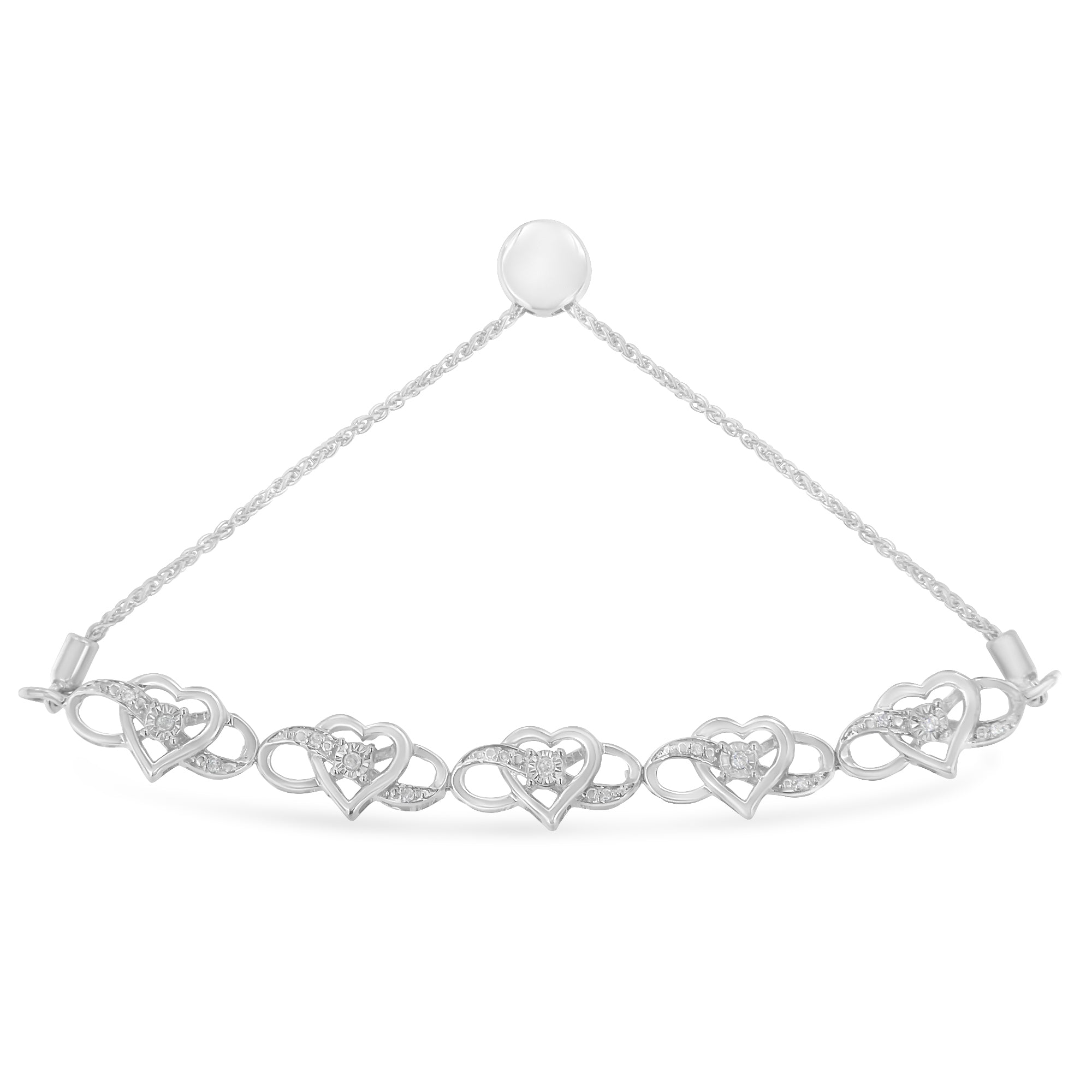 .925 Sterling Silver Miracle Set Diamond Accented Infinity Hearts 6â€-9â€ Adjustable Bolo Bracelet H-I Color, I2-I3 Clarity on sale at MyriadMart