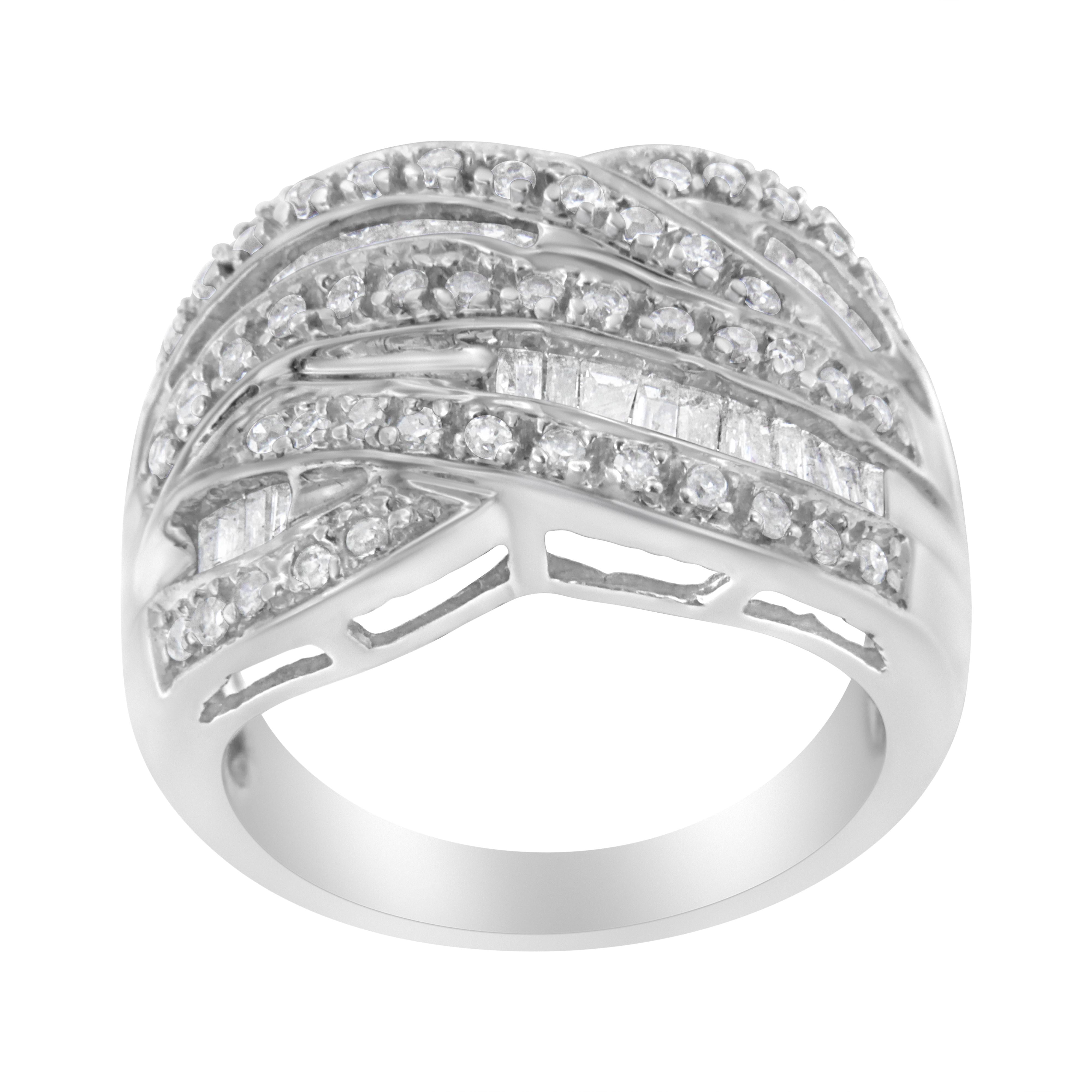 .925 Sterling Silver 1.0 Cttw Channel Set Alternating Round and Baguette Diamond Cross-over Bypass Ring Band I-J Color, I2-I3 Clarity - Size 7 on sale at MyriadMart