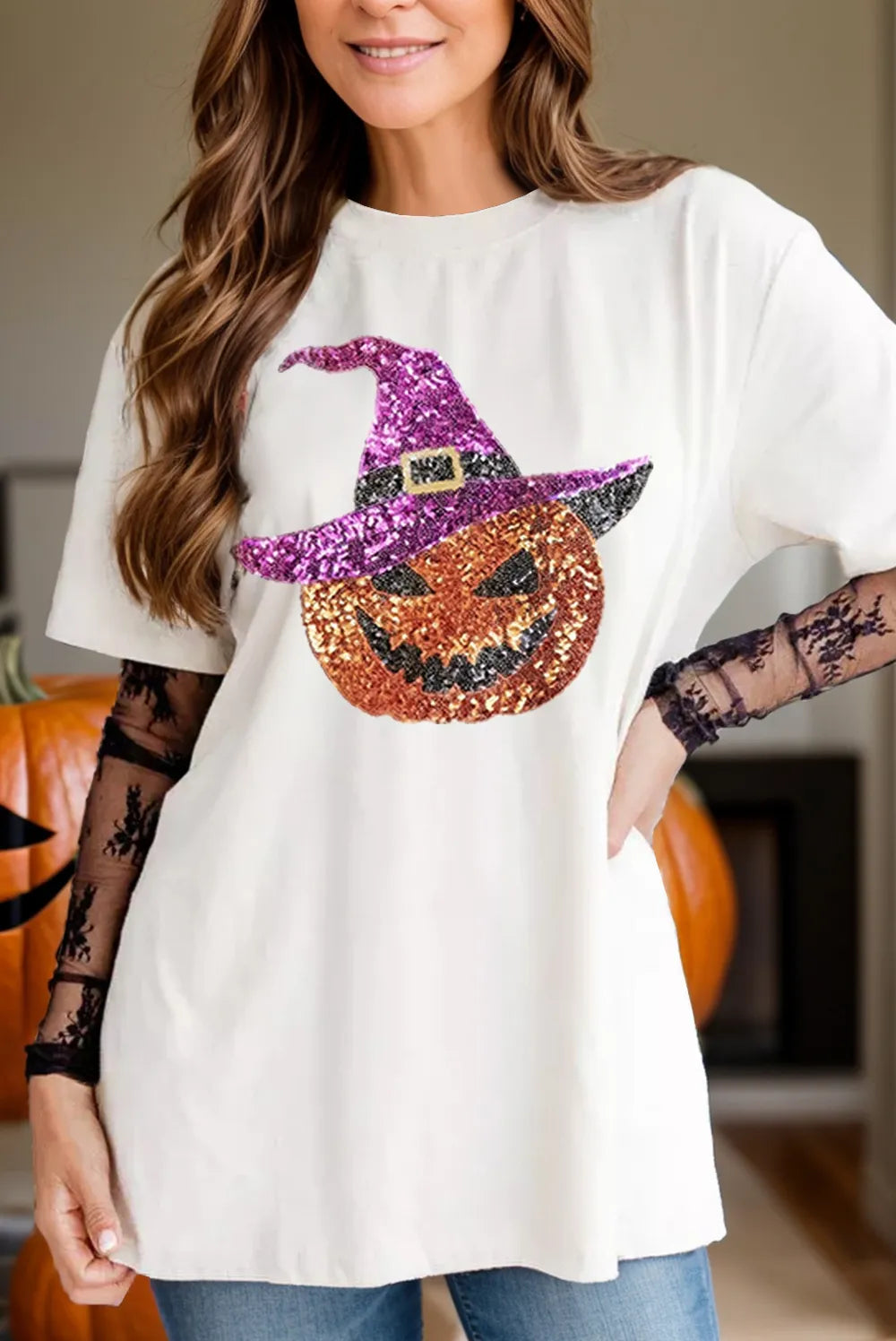 Sequin Pumpkin Round Neck Short Sleeve T-Shirt - MyriadMart