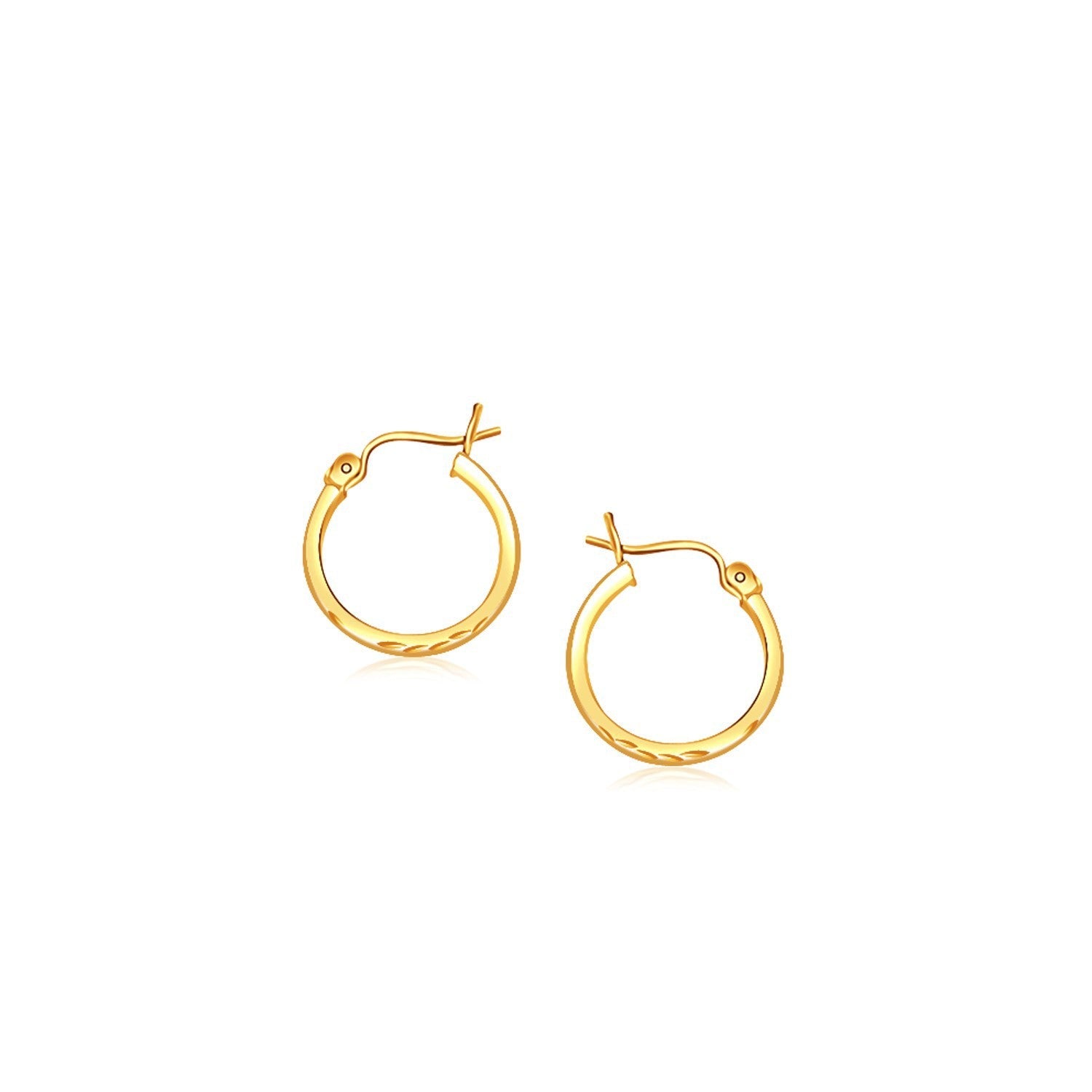 14k Yellow Gold Slender Hoop Earring with Diamond-Cut Finish 15mm Diameter on sale at MyriadMart